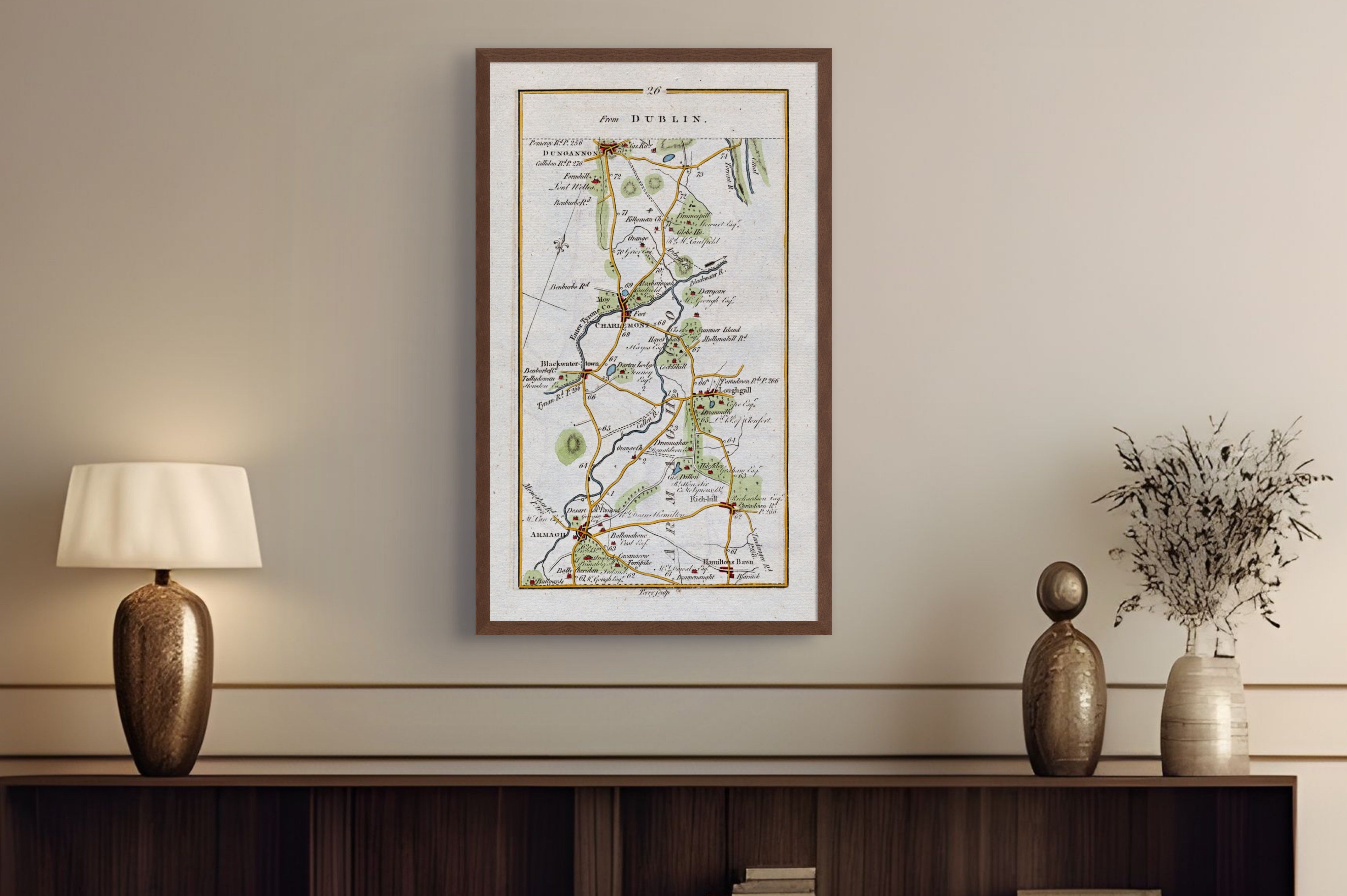 1783 Taylor & Skinner Armagh and Dungannon Ireland road map displayed above a console table.