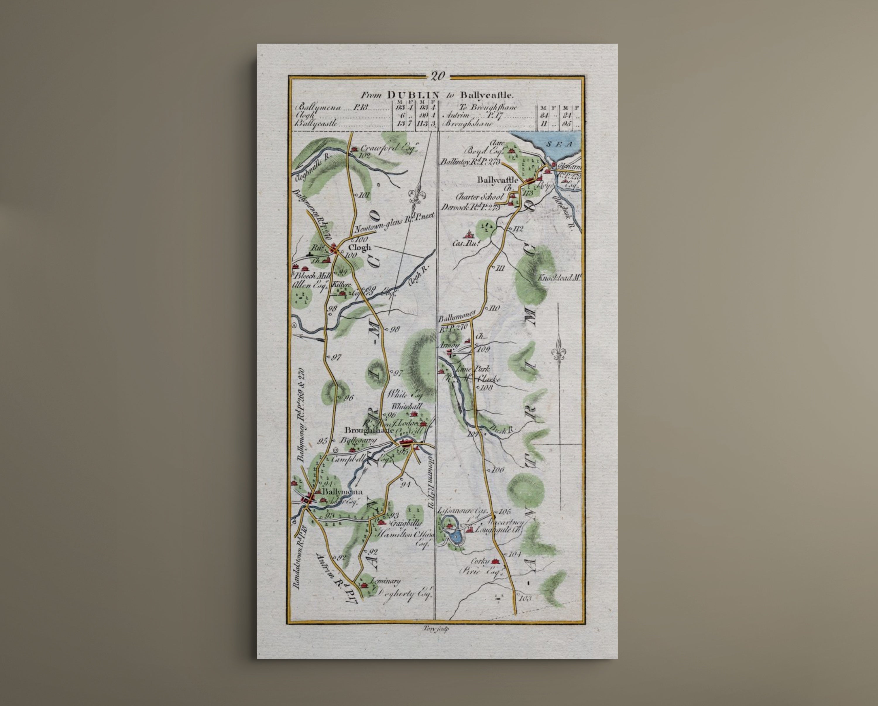 Printable wall art presentation of the 1783 Taylor & Skinner Ballymena to Ballycastle Ireland road map
