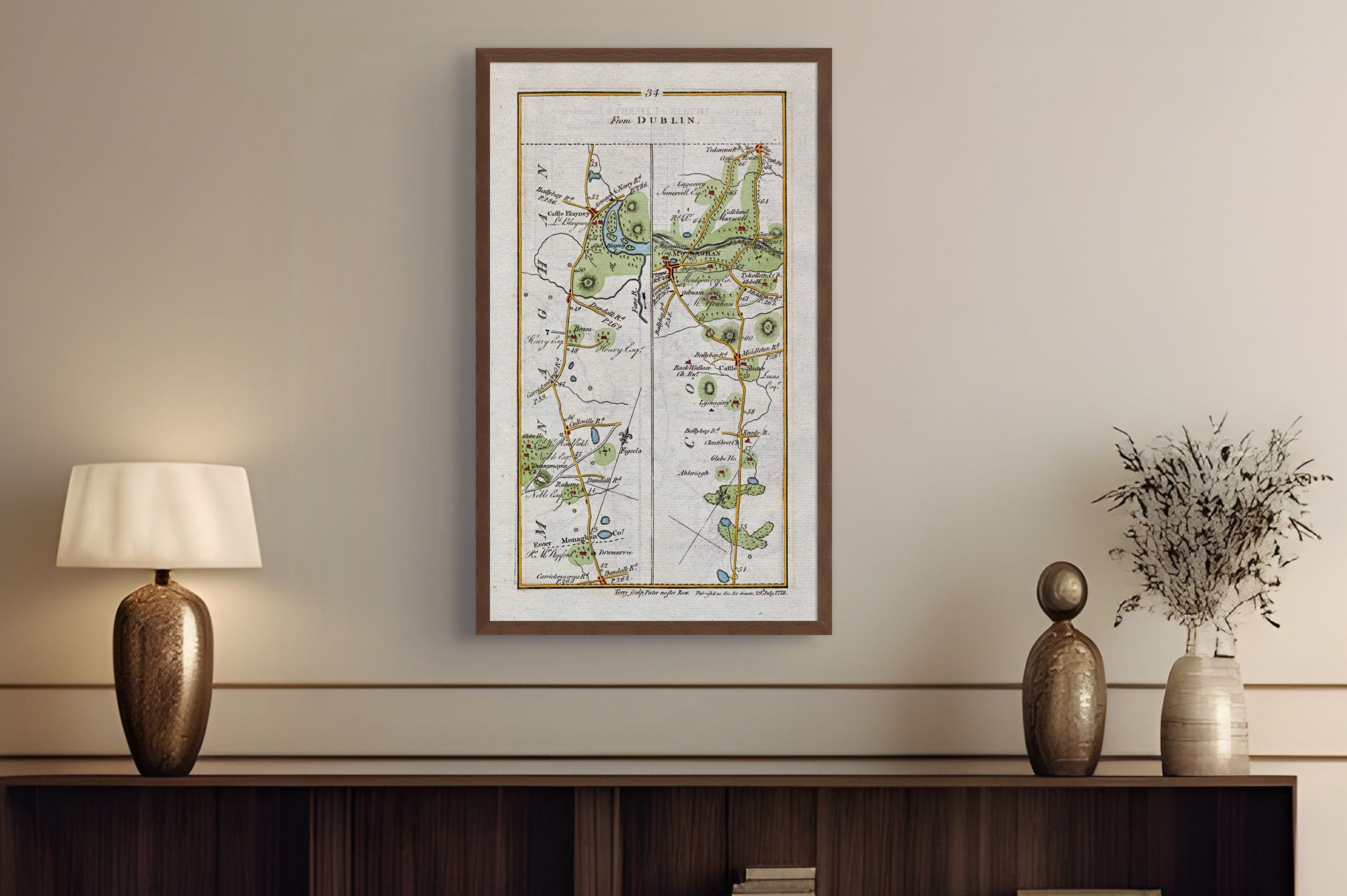 1783 Taylor & Skinner Castleblayney, Monaghan and Clontibret Ireland road map displayed above a console table.