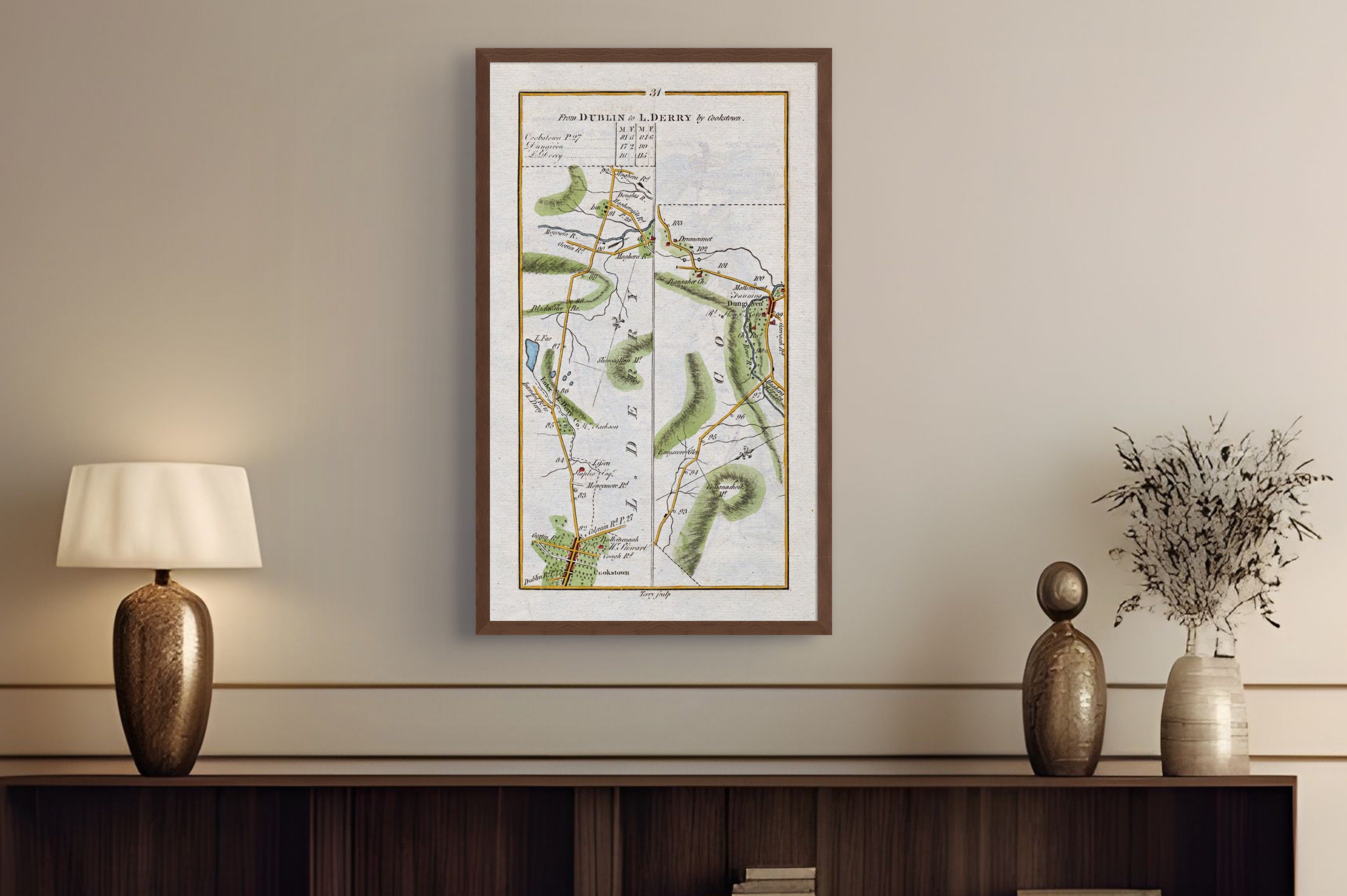 1783 Taylor & Skinner Cookstown and Dungiven Ireland road map displayed above a console table.