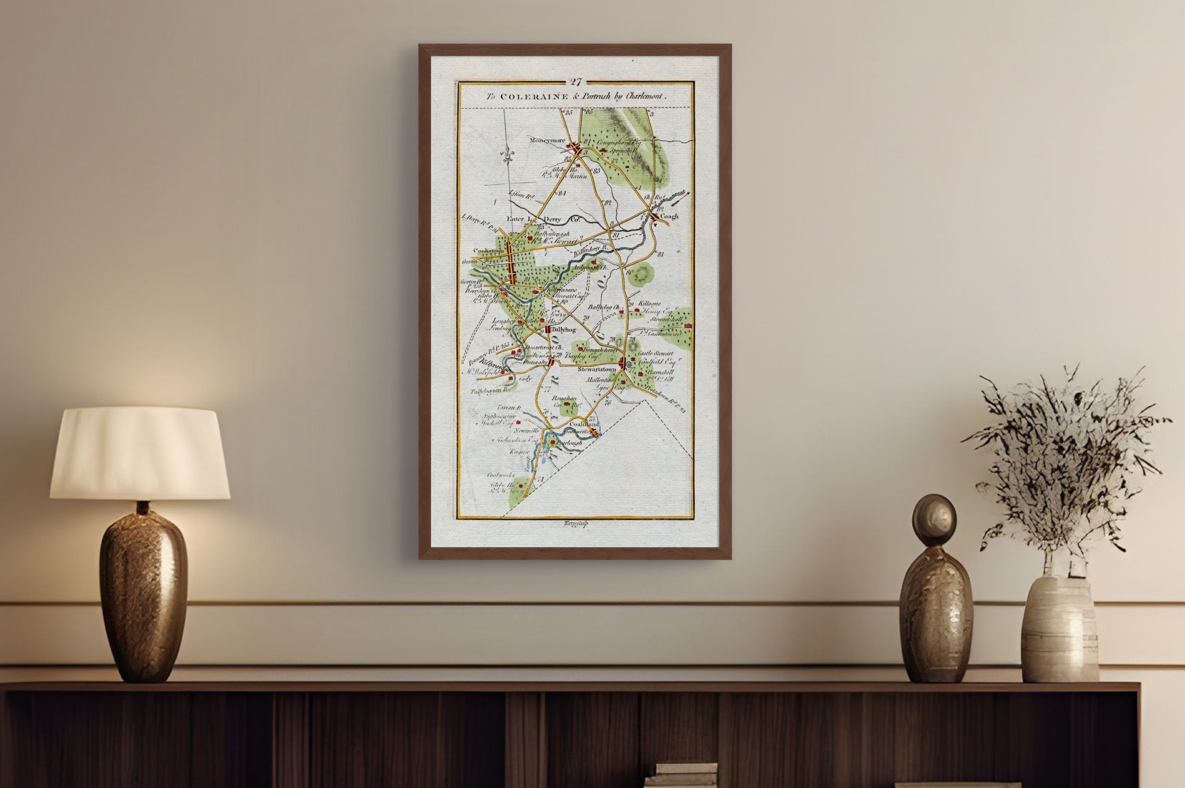1783 Taylor & Skinner Cookstown and Stewartstown Ireland road map displayed above a console table.