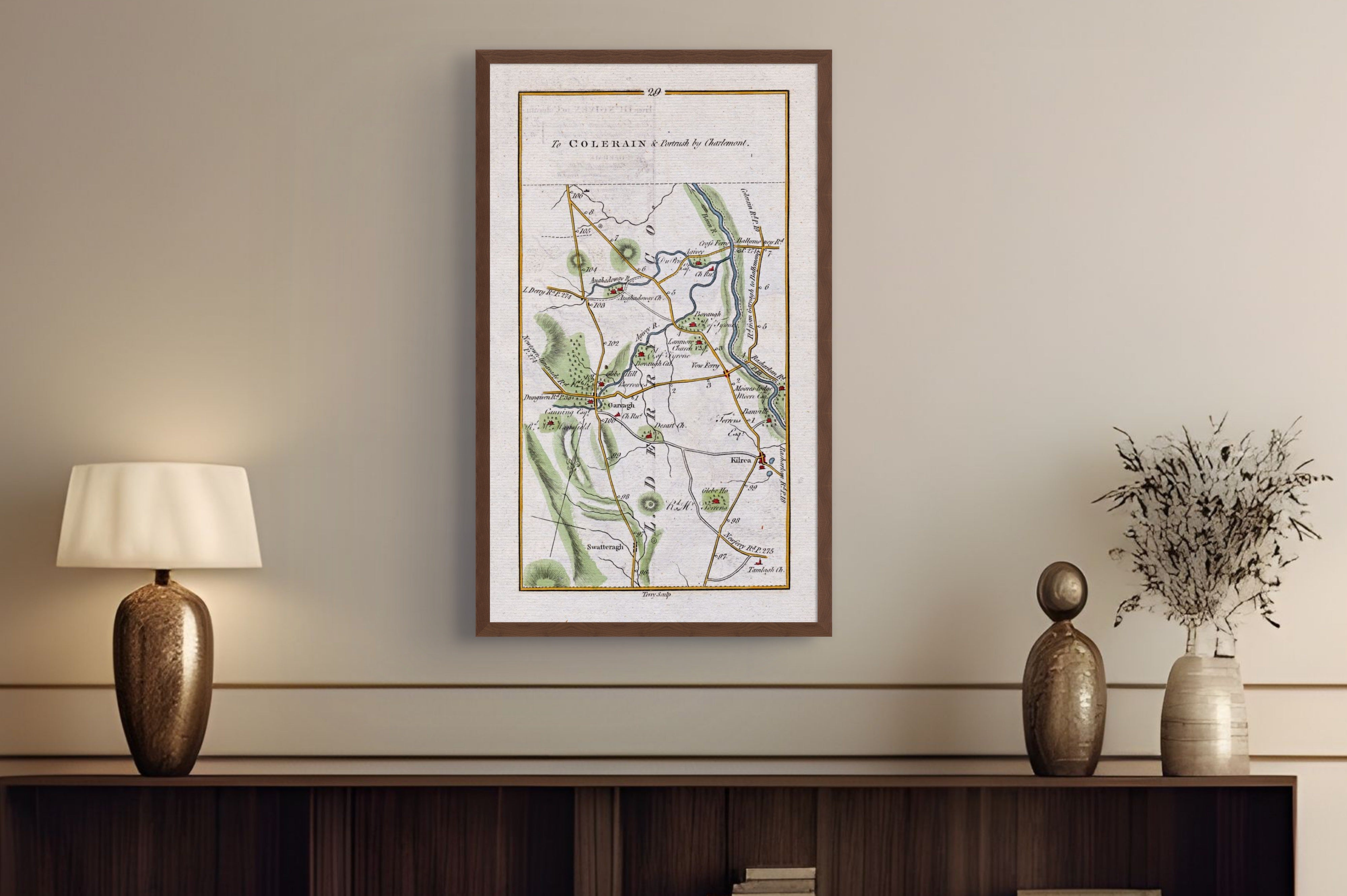 1783 Taylor & Skinner Garvagh and Kilrea Ireland road map displayed above a console table.