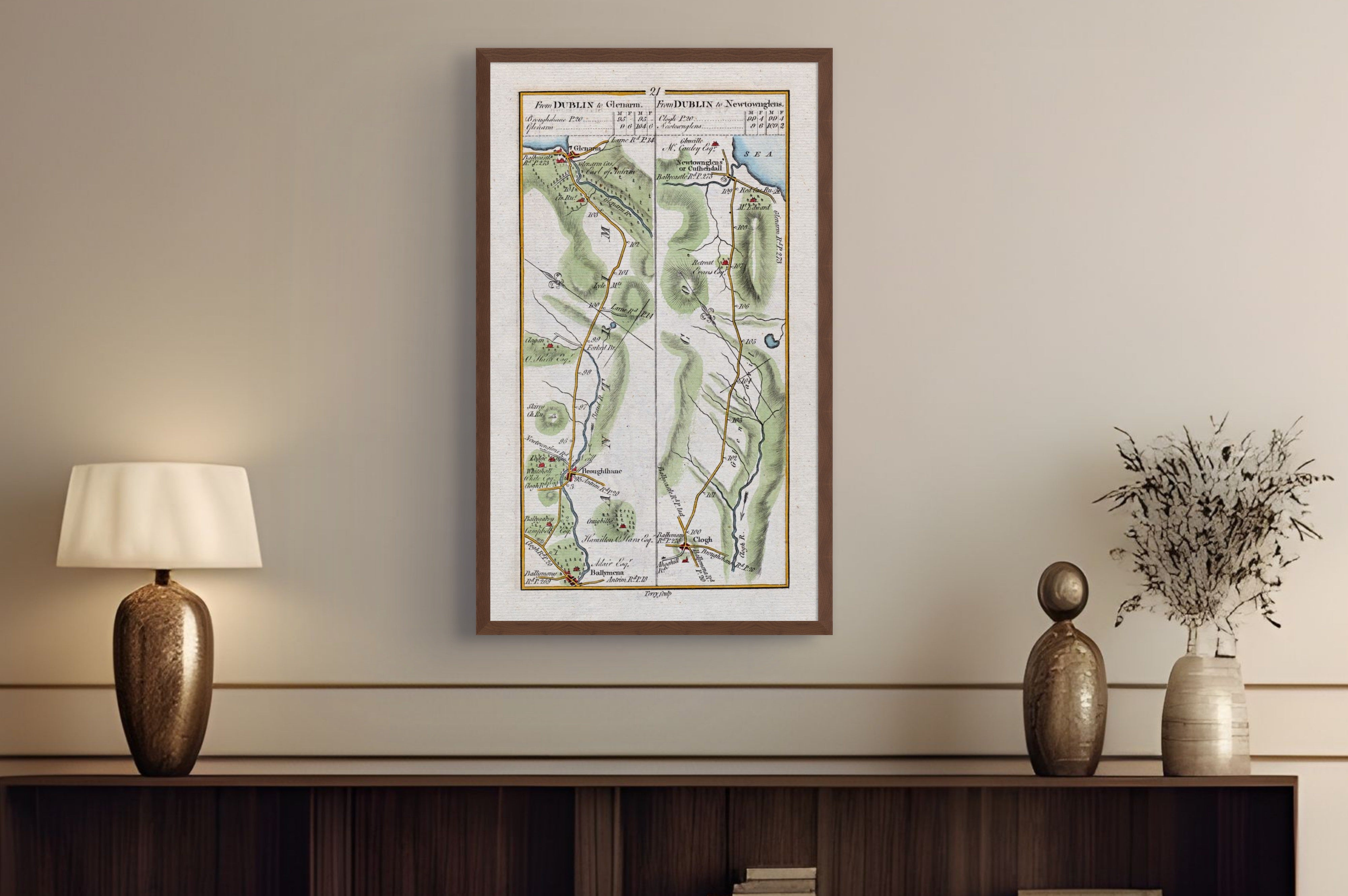 1783 Taylor & Skinner Glenarm and Cushendall Ireland road map displayed above a console table.