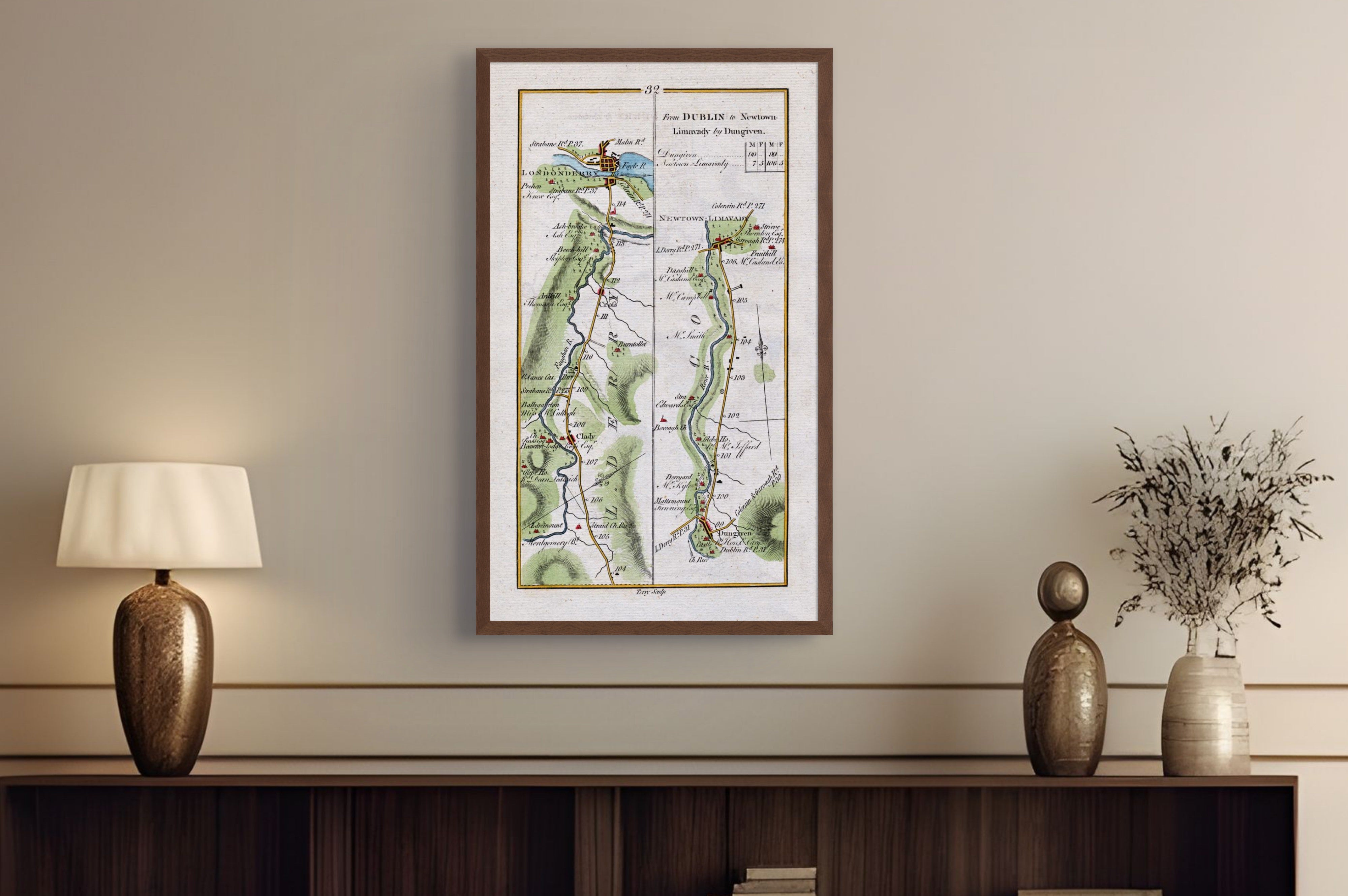 1783 Taylor & Skinner Londonderry, Limavady and Dungiven Ireland road map displayed above a console table.