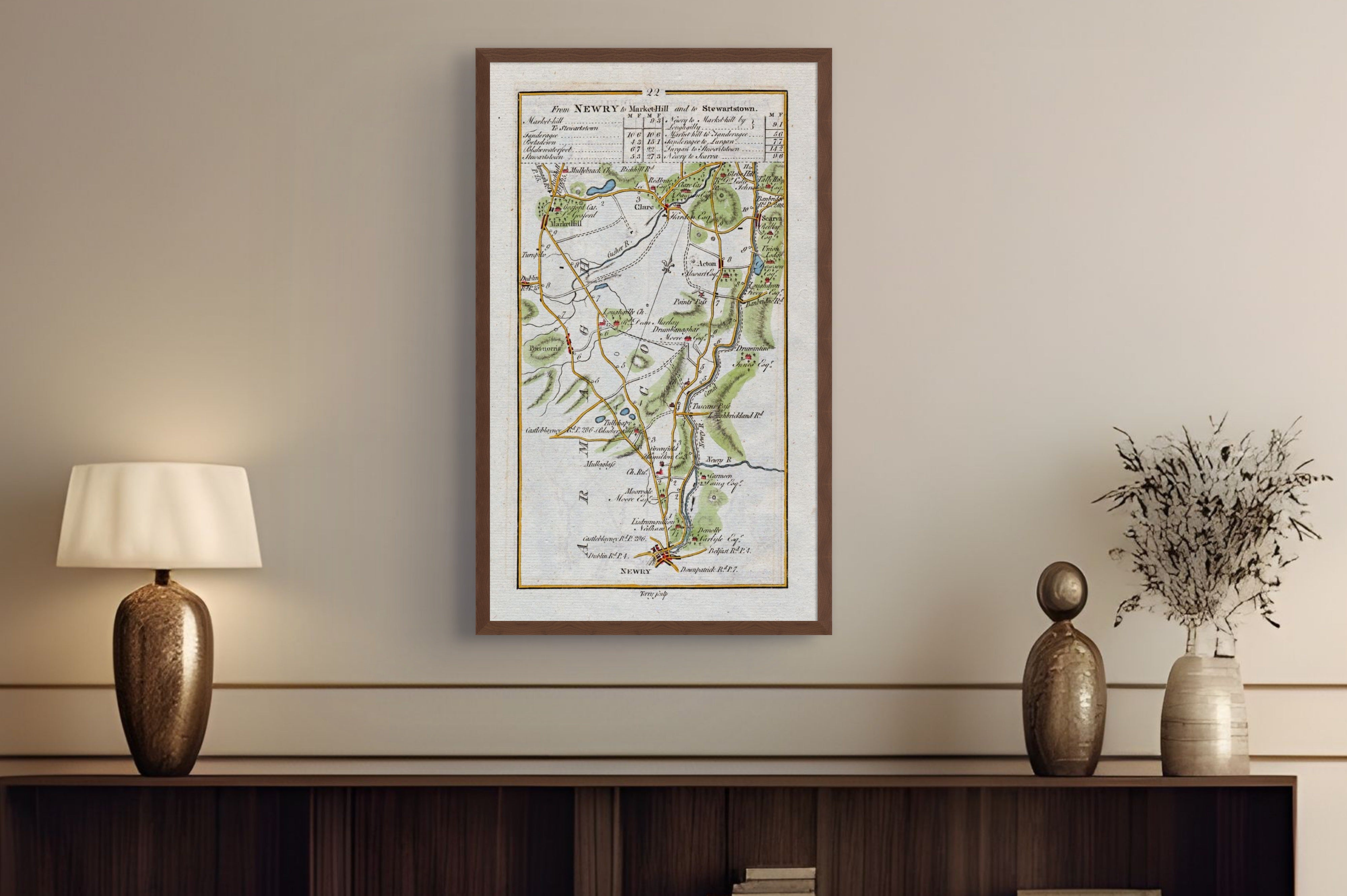 1783 Taylor & Skinner Newry and Markethill Ireland road map displayed above a console table.