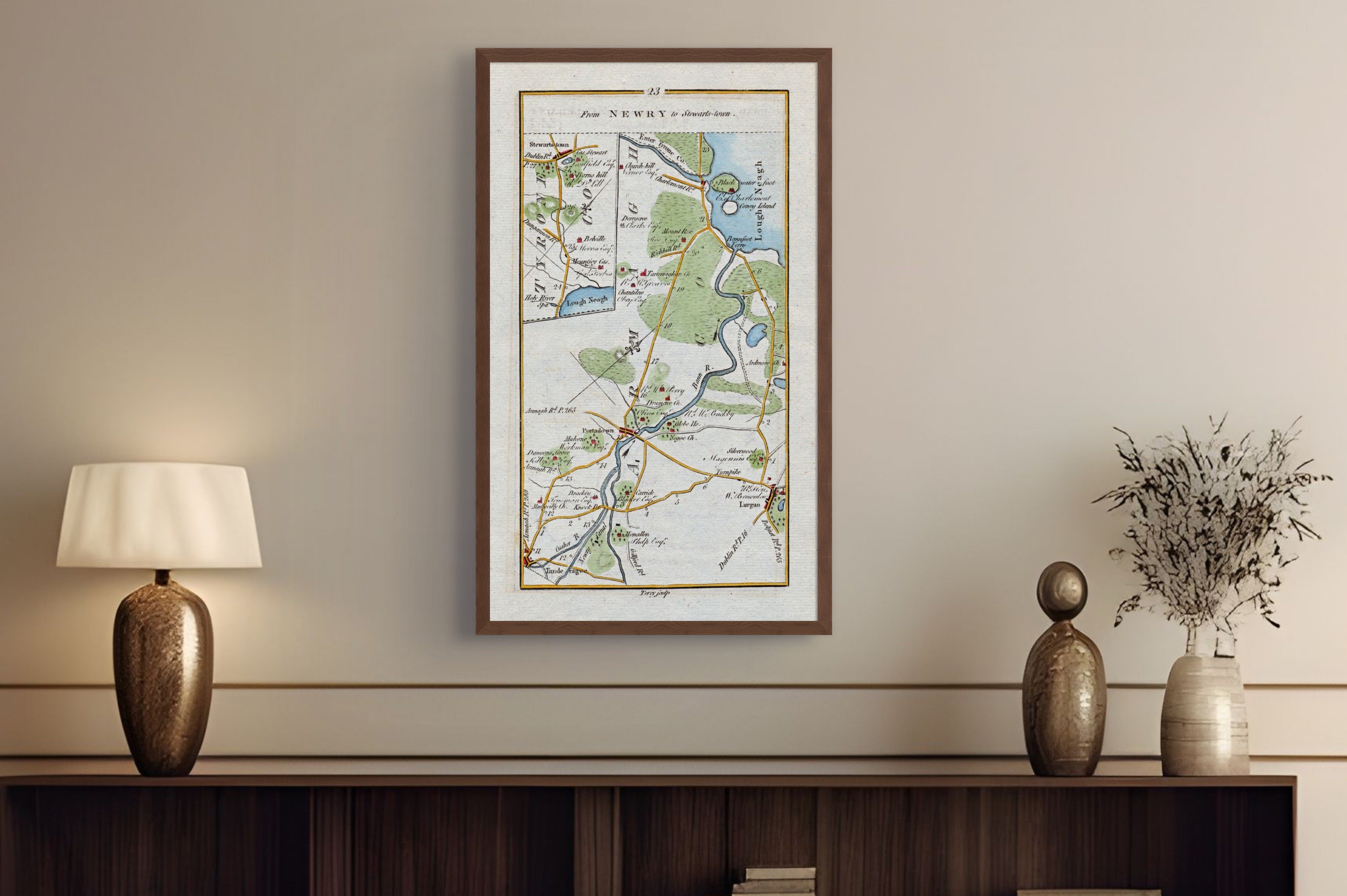 1783 Taylor & Skinner Stewartstown and Portadown Ireland road map displayed above a console table.