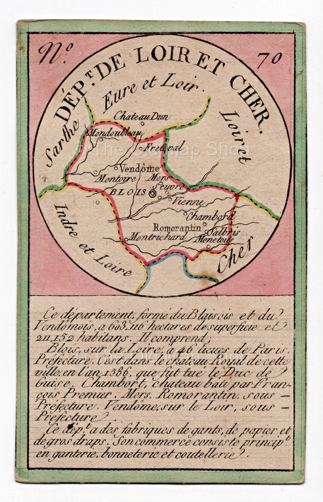 Hand-coloured c.1819 Loir-et-Cher France antique card map by Bourrut-Le Meri, rare first edition