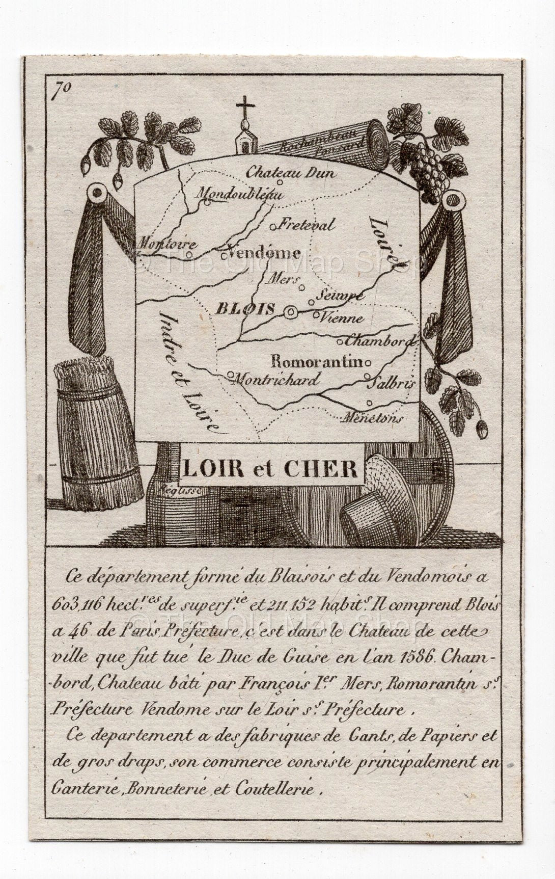 c.1836 Loir-et-Cher France antique card map showing Blois & Vendome by Bourrut-Le Meri, 3rd edition