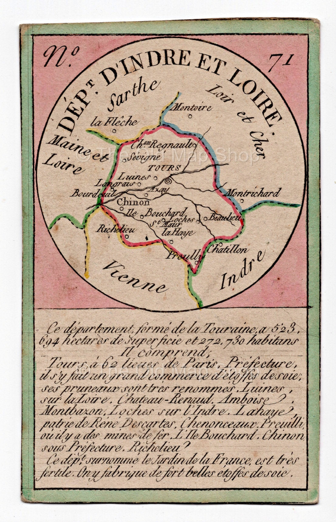 Hand-coloured c.1819 Indre-et-Loire France antique card map by Bourrut-Le Meri, rare first edition