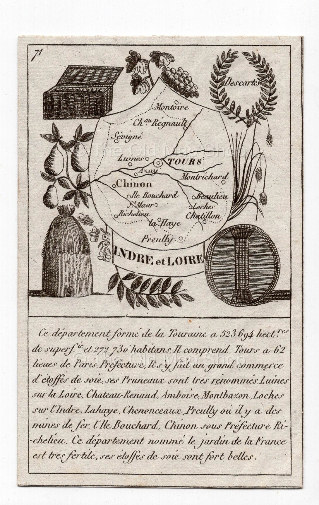 c.1836 Indre-et-Loire France antique card map showing Tours by Bourrut-Le Meri, 3rd edition