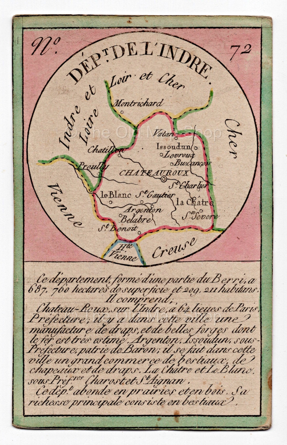 Hand-coloured c.1819 Indre France antique card map by Bourrut-Le Meri, rare first edition