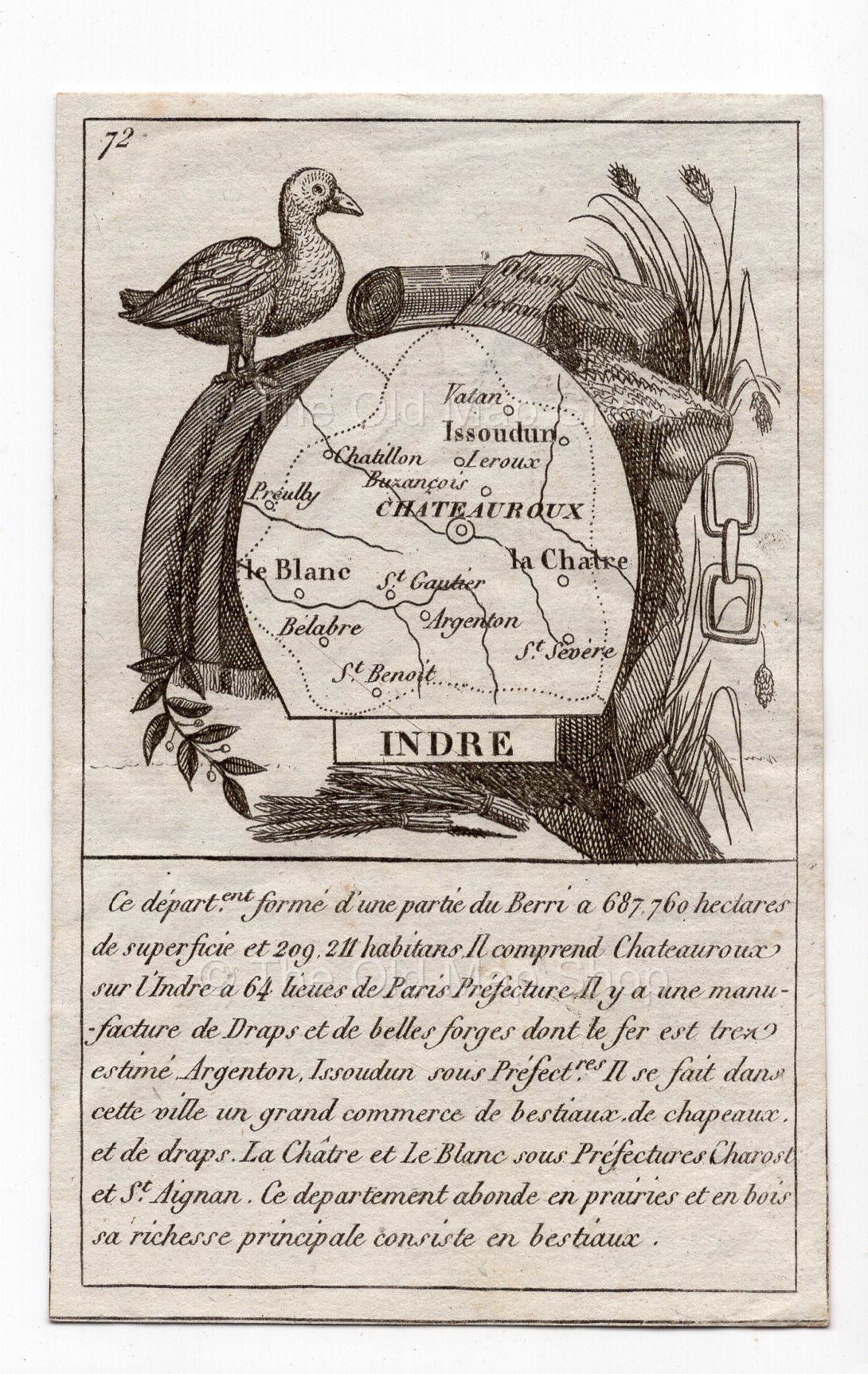 c.1836 Indre France antique card map showing Chateauroux by Bourrut-Le Meri, 3rd edition