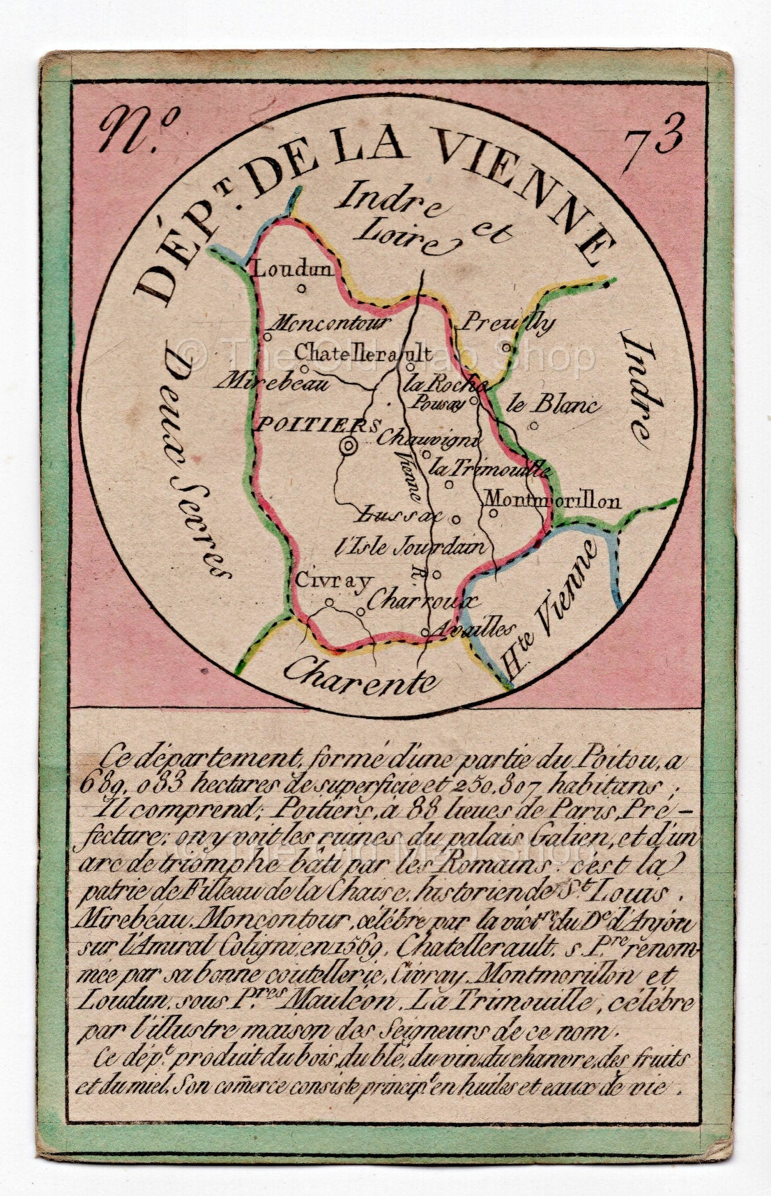 Hand-coloured c.1819 Vienne France antique card map by Bourrut-Le Meri, rare first edition
