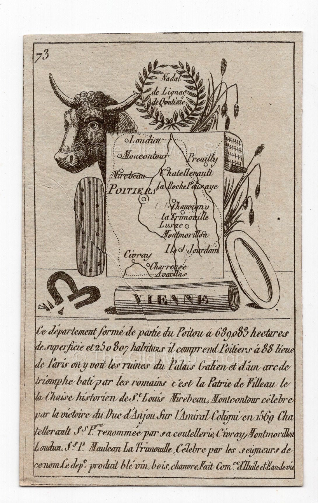 c.1836 Vienne France antique card map showing Poitiers by Bourrut-Le Meri, 3rd edition