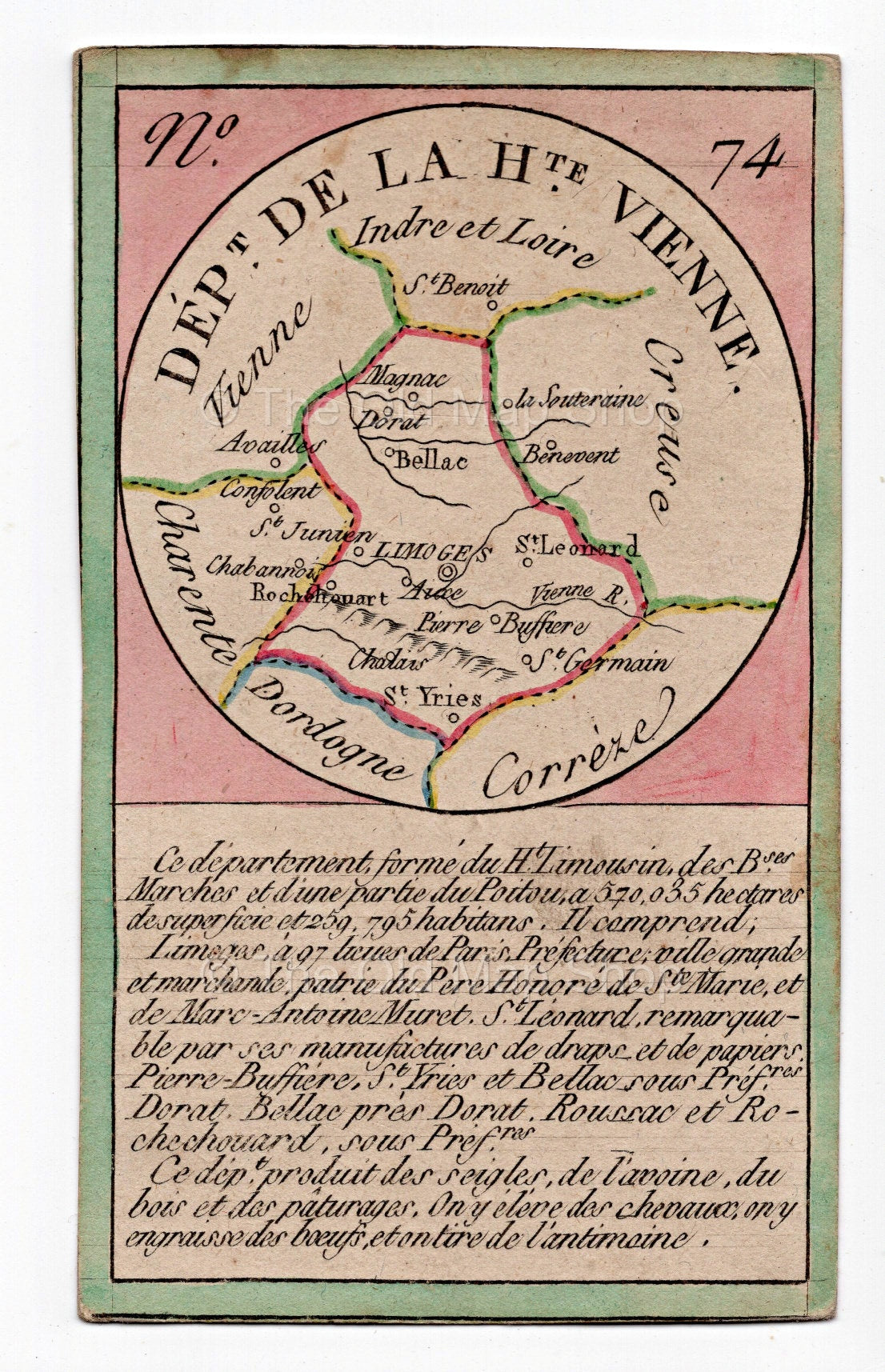 Hand-coloured c.1819 Haute-Vienne France antique card map by Bourrut-Le Meri, rare first edition