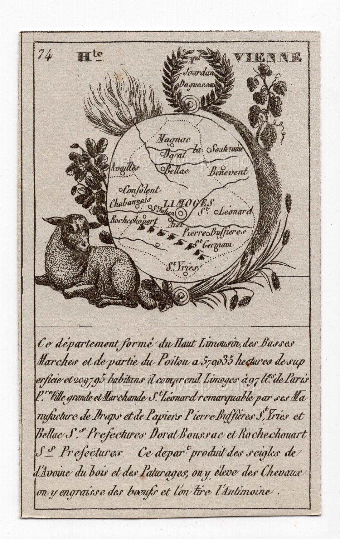 c.1836 Haute-Vienne France antique card map showing Limoges by Bourrut-Le Meri, 3rd edition
