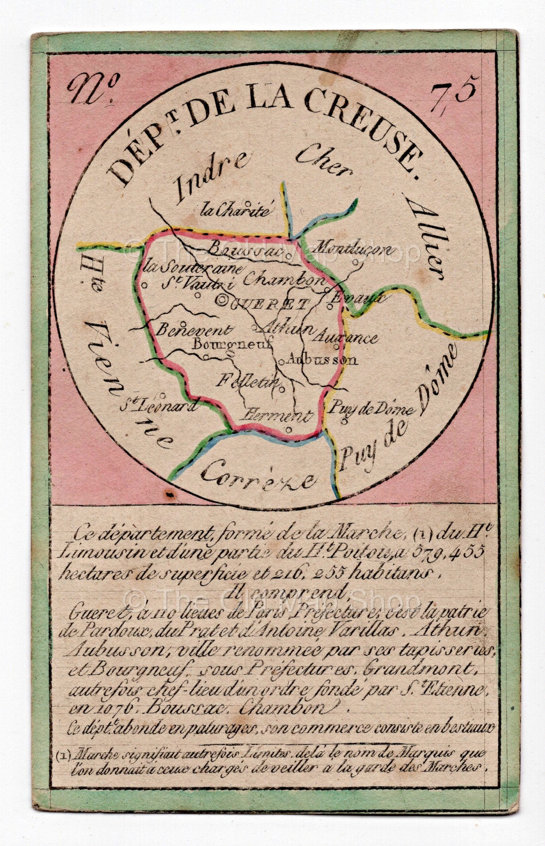 Hand-coloured c.1819 Creuse France antique card map by Bourrut-Le Meri, rare first edition