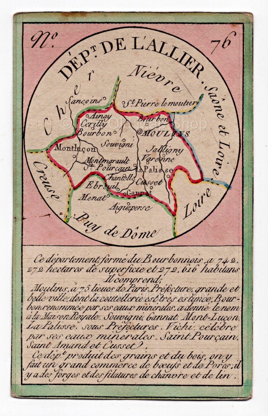 Hand-coloured c.1819 Allier France antique card map by Bourrut-Le Meri, rare first edition
