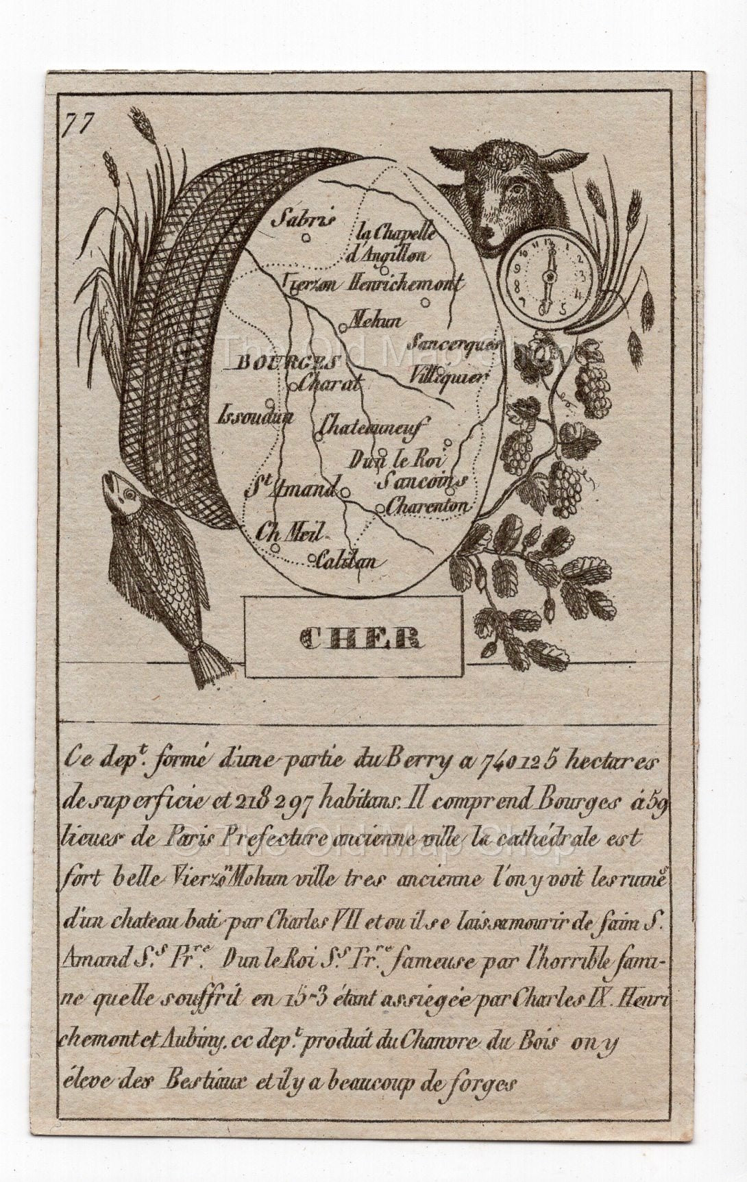 c.1836 Cher France antique card map by Bourrut-Le Meri, 3rd edition