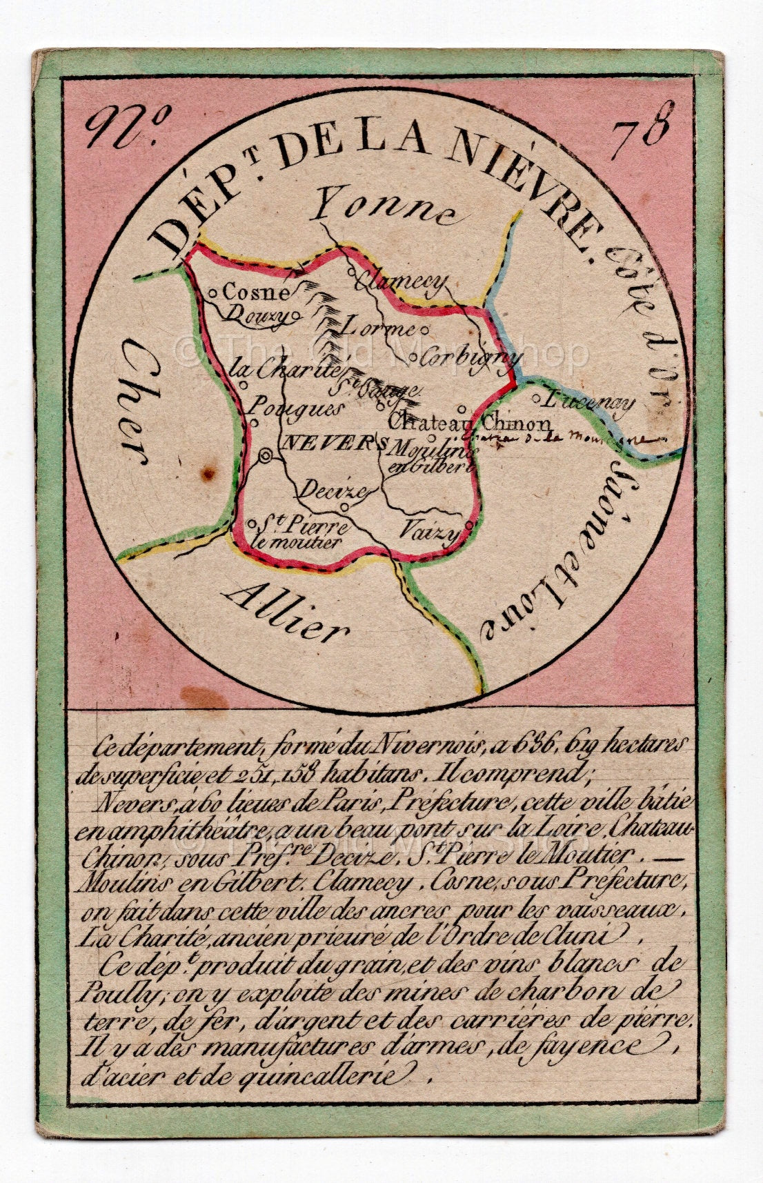 Hand-coloured c.1819 Nievre France antique card map by Bourrut-Le Meri, rare first edition