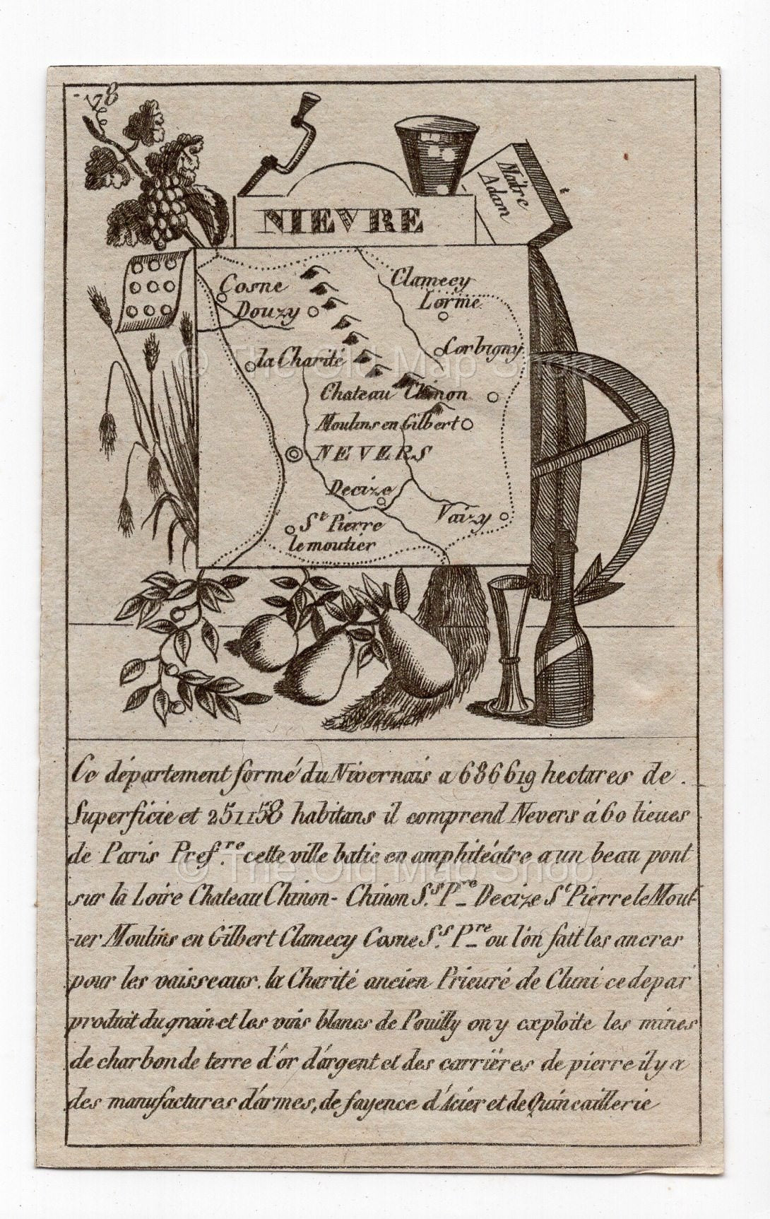 c.1836 Nièvre France antique card map showing Nevers by Bourrut-Le Meri, 3rd edition