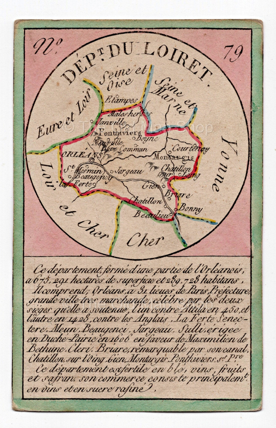 Hand-coloured c.1819 Loiret France antique card map by Bourrut-Le Meri, rare first edition