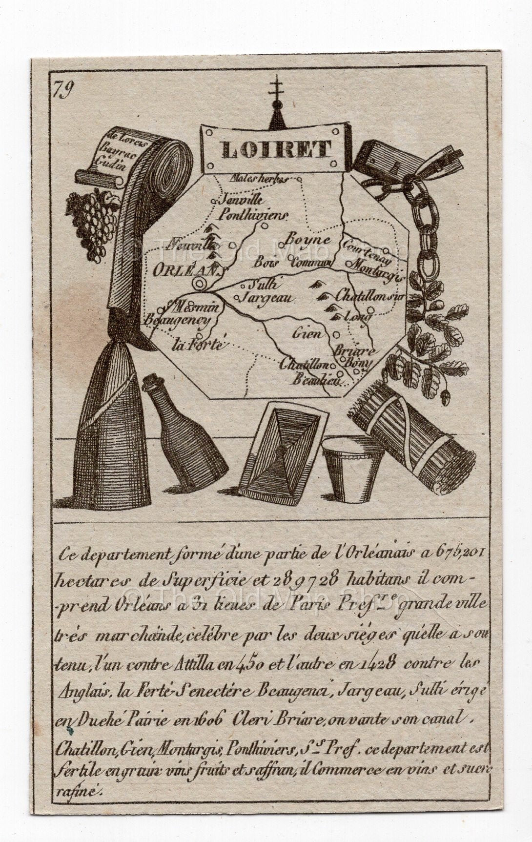 c.1836 Loiret France antique card map showing Orleans & Gien by Bourrut-Le Meri, 3rd edition