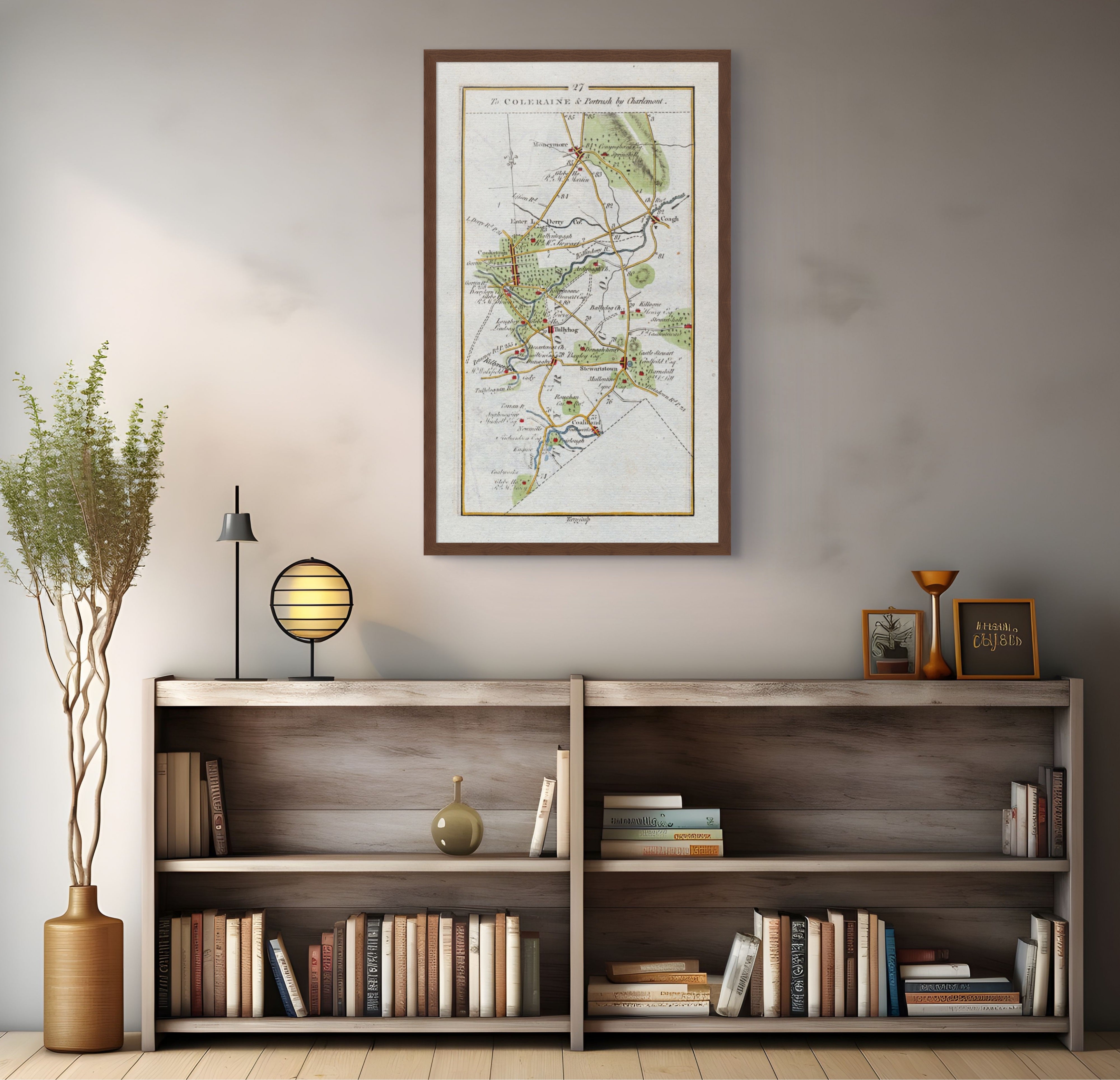 1783 Taylor & Skinner Cookstown and Stewartstown Ireland road map displayed above a bookshelf.
