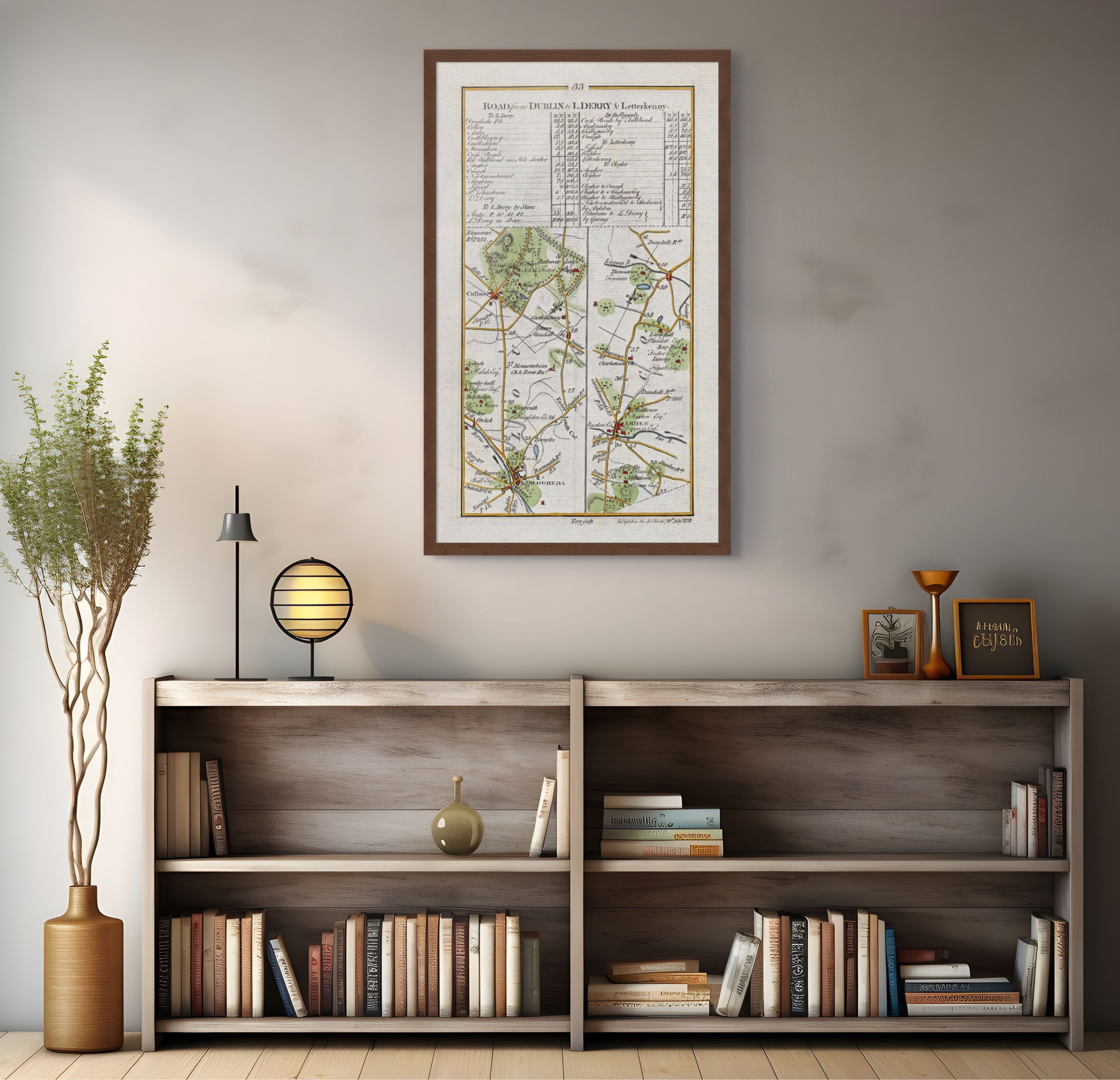 1783 Taylor & Skinner Drogheda, Ardee and Collon, Louth Ireland road map displayed above a bookshelf.