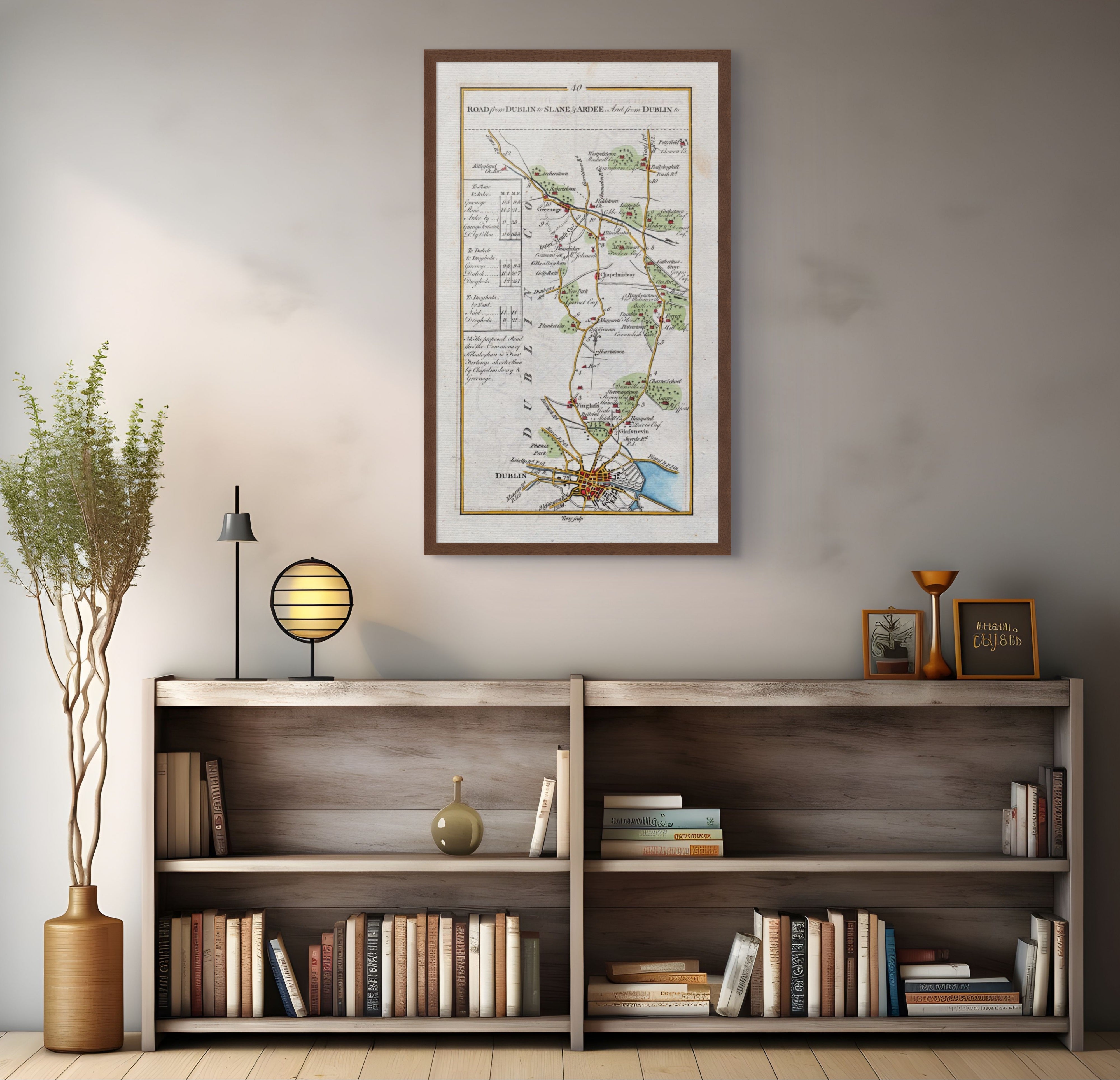 1783 Taylor & Skinner Dublin, Slane, Ardee, Duleek and Drogheda Ireland road map displayed above a bookshelf. The map covers Counties Dublin, Meath and Louth.