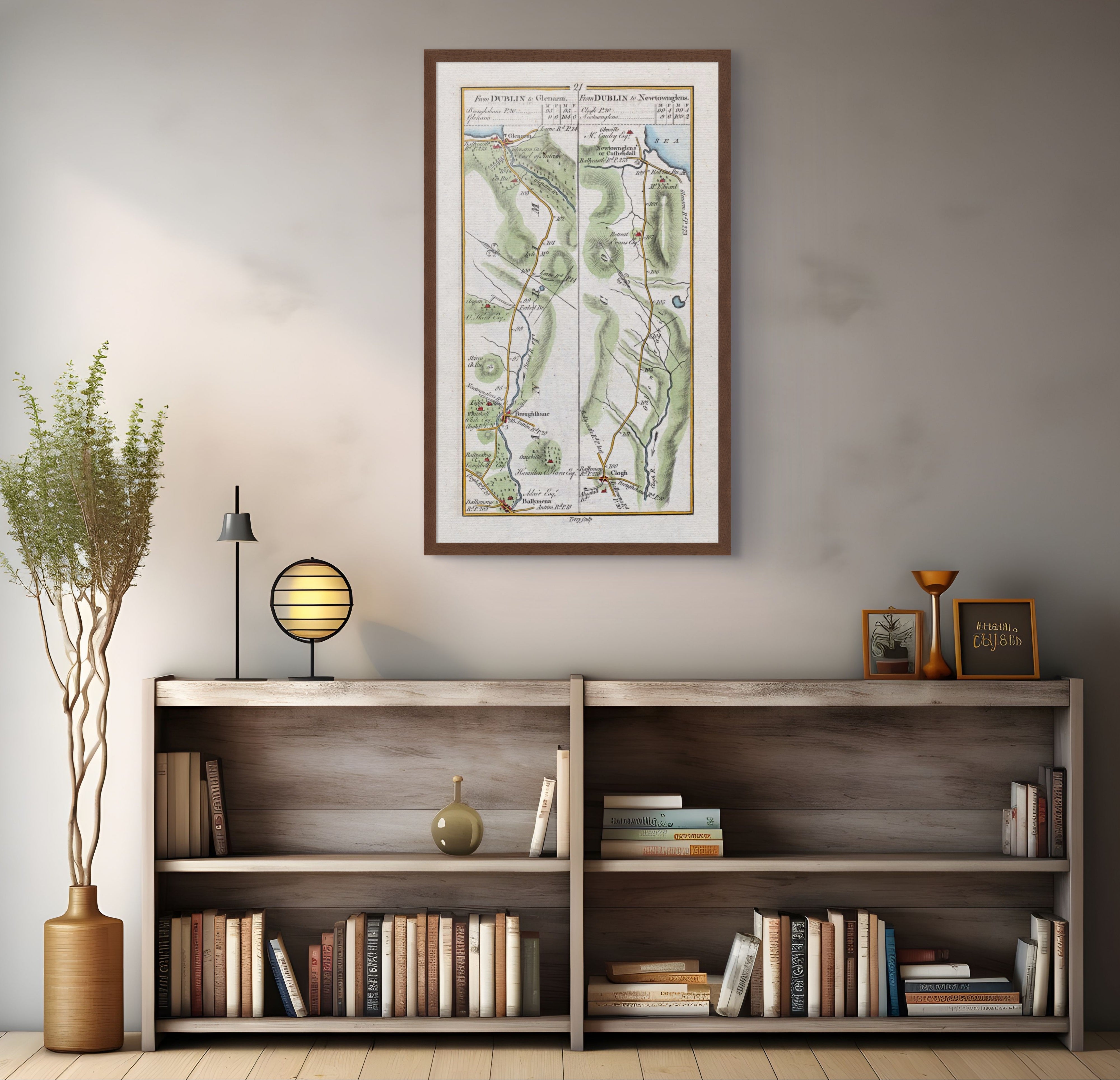 1783 Taylor & Skinner Glenarm and Cushendall Ireland road map displayed above a bookshelf.