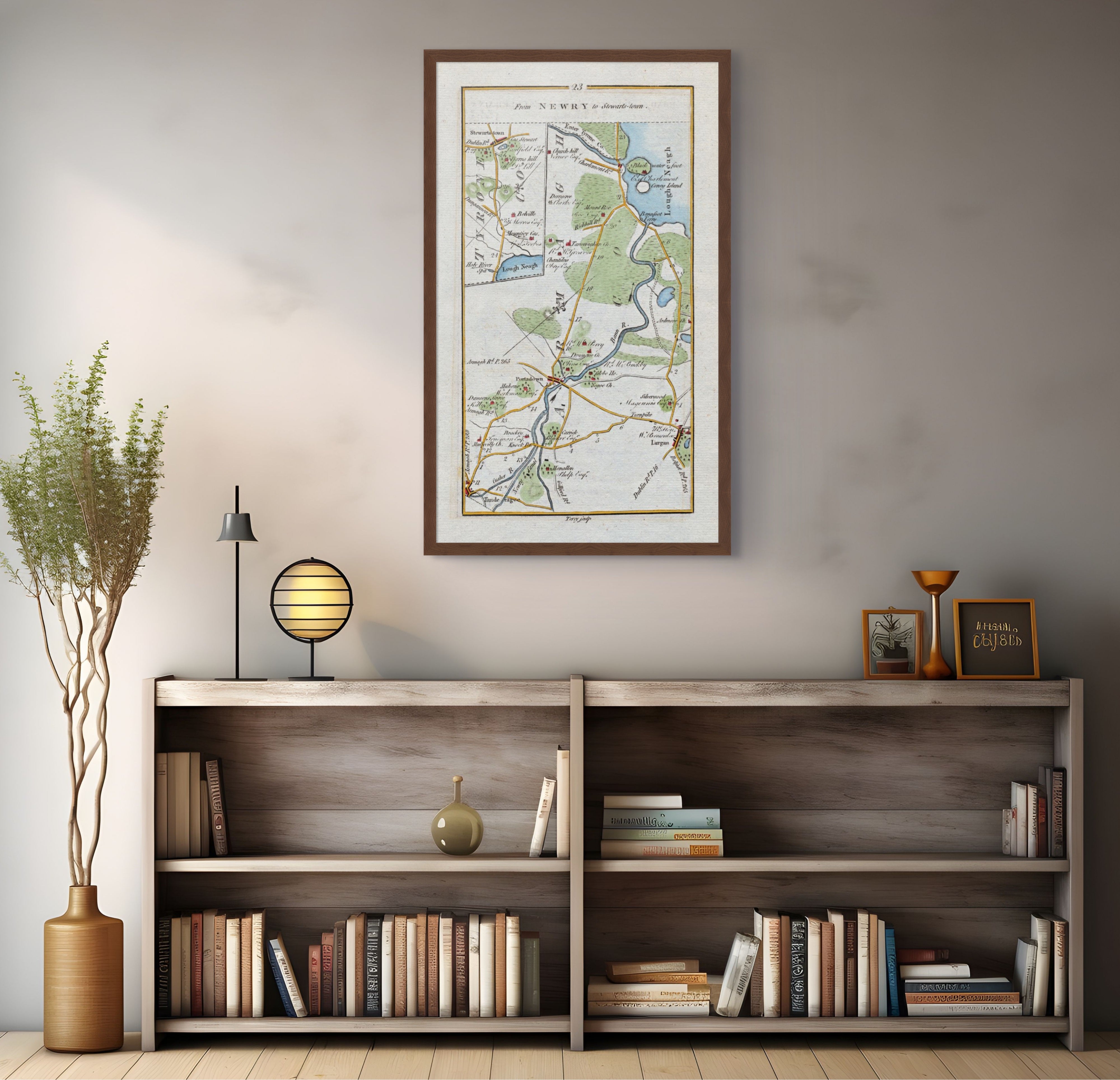 1783 Taylor & Skinner Stewartstown and Portadown Ireland road map displayed above a bookshelf.