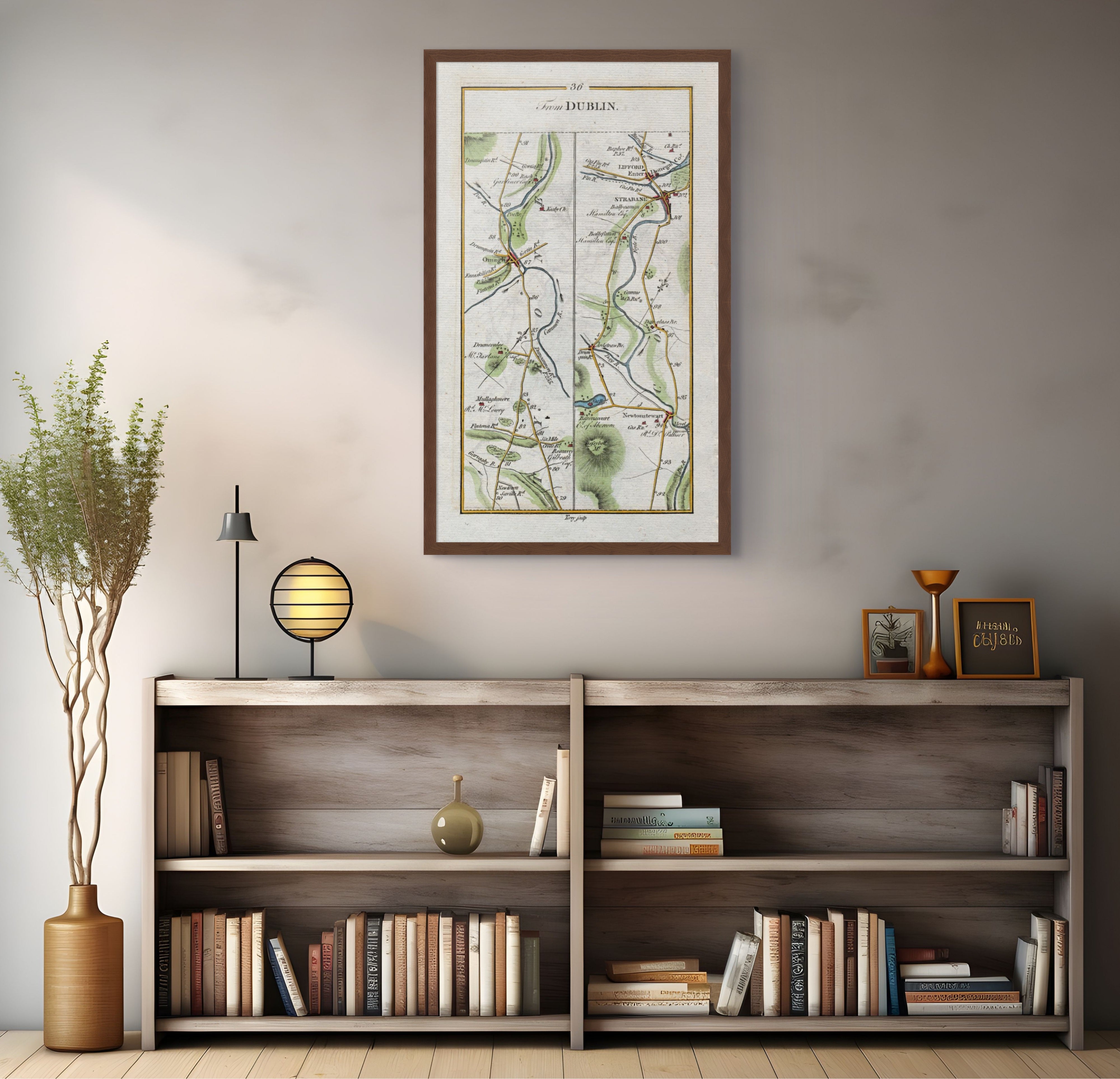 1783 Taylor & Skinner Strabane, Lifford, Omagh and Newtownstewart Ireland road map displayed above a bookshelf. The map covers Counties Tyrone and Donegal.