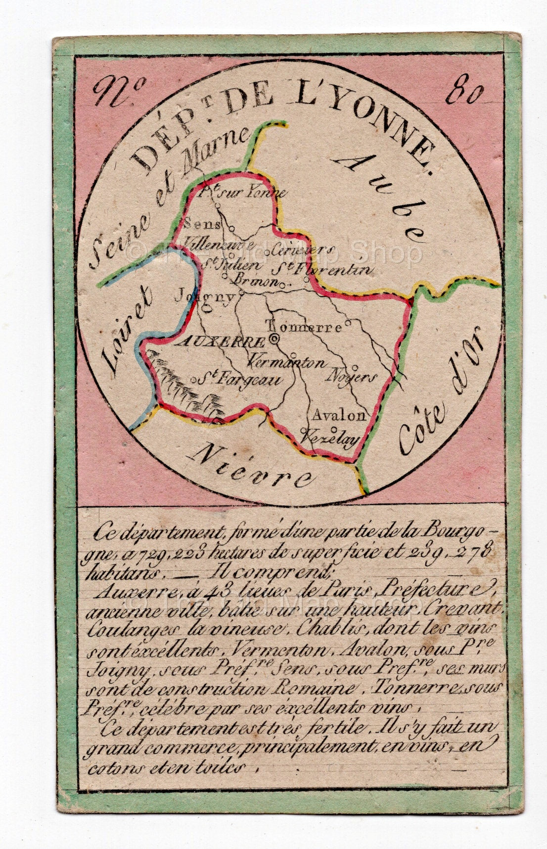 Hand-coloured c.1819 Yonne France antique card map by Bourrut-Le Meri, rare first edition