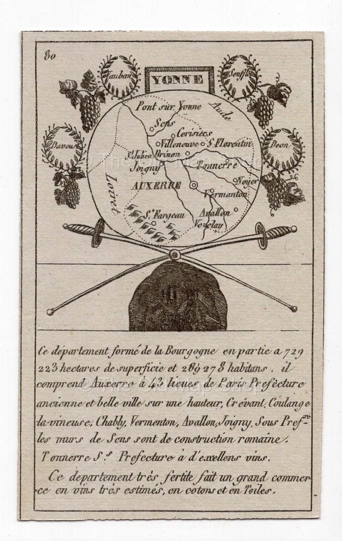 c.1836 Yonne France antique card map showing Auxerre by Bourrut-Le Meri, 3rd edition