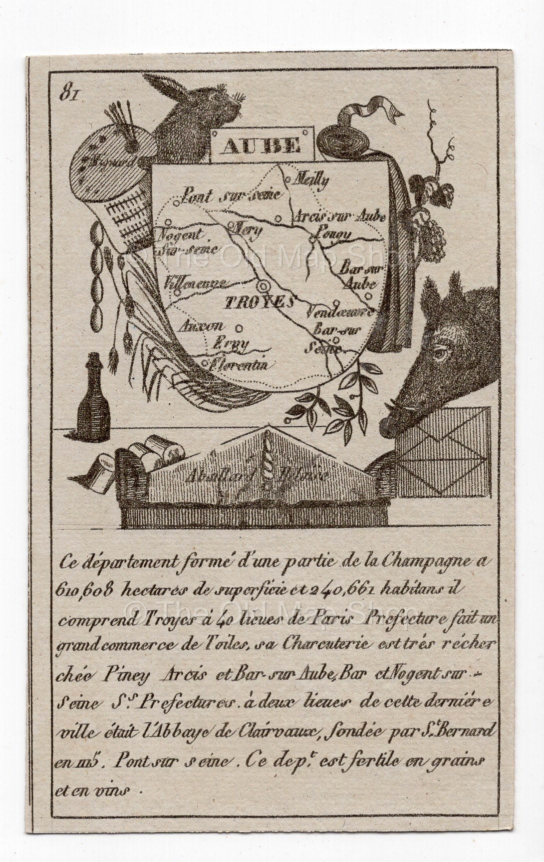 c.1836 Aube France antique card map showing Troyes by Bourrut-Le Meri, 3rd edition