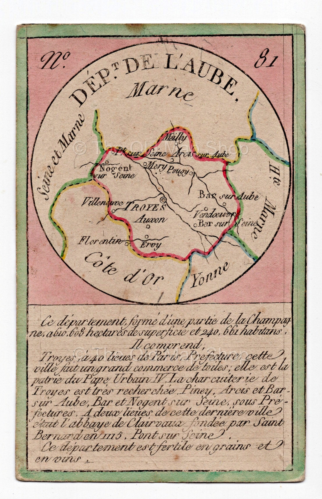 Hand-coloured c.1819 Aube France antique card map by Bourrut-Le Meri, rare first edition