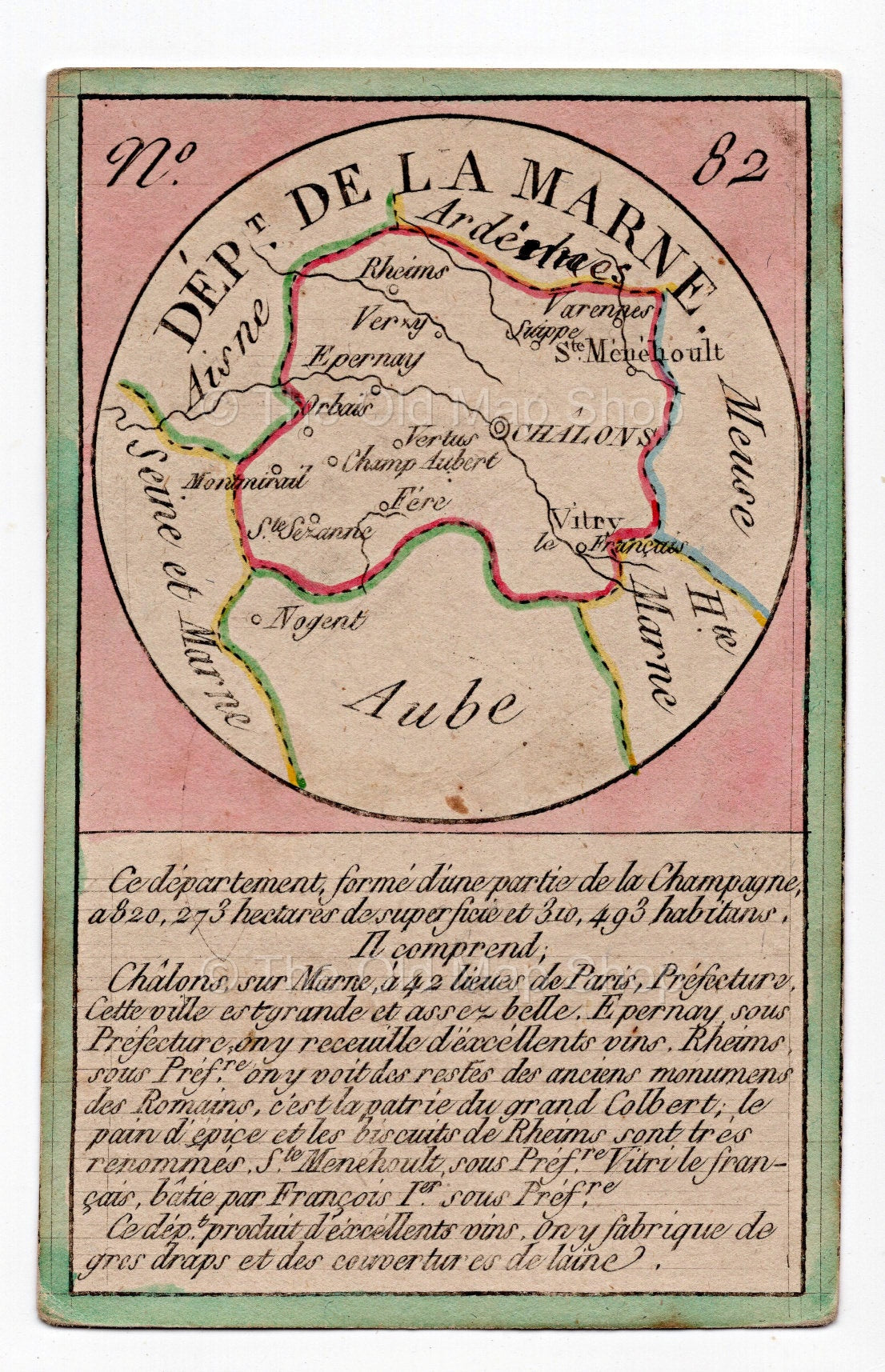 Hand-coloured c.1819 Marne France antique card map by Bourrut-Le Meri, rare first edition