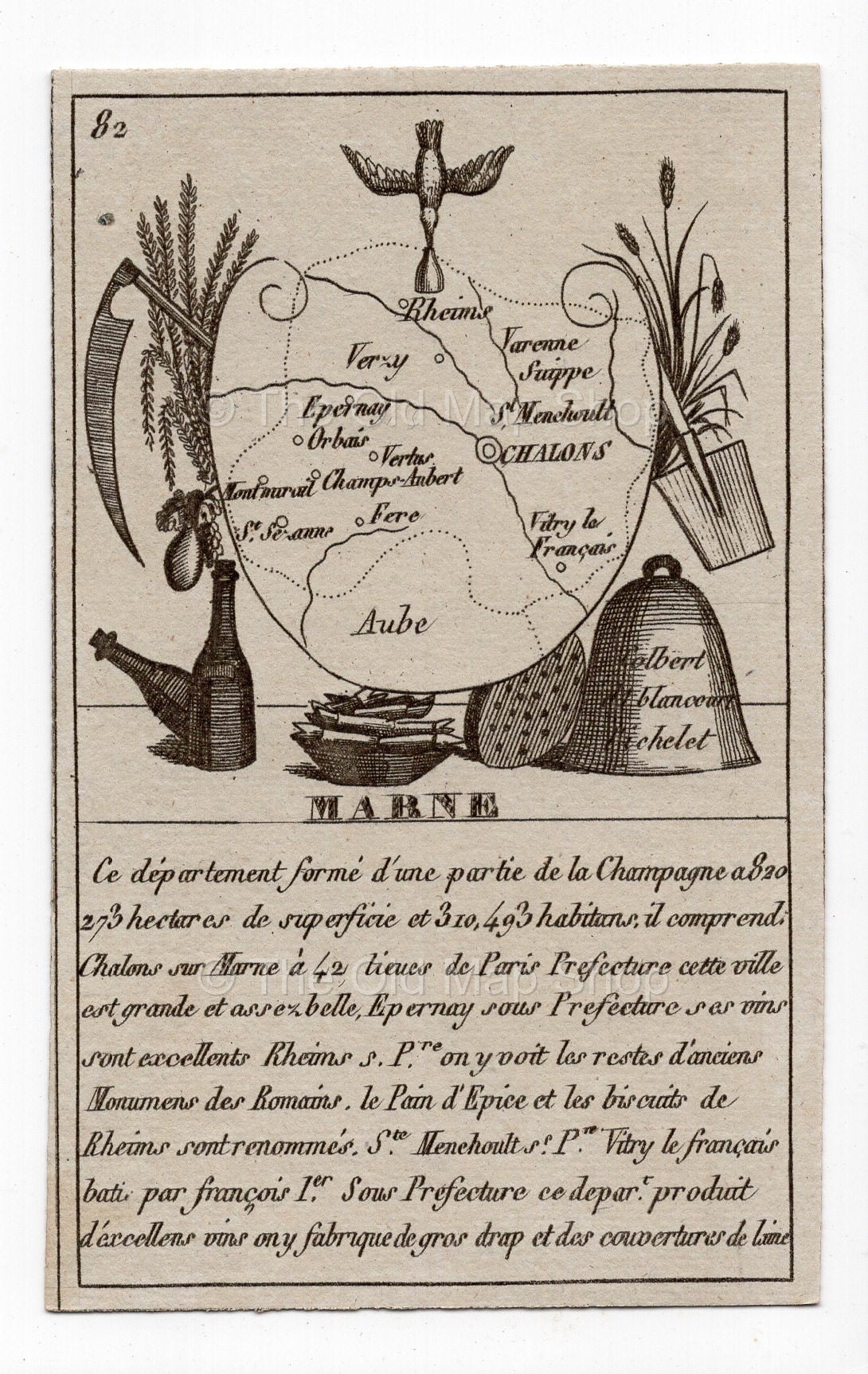 c.1836 Marne France antique card map showing Reims & Epernay by Bourrut-Le Meri, 3rd edition