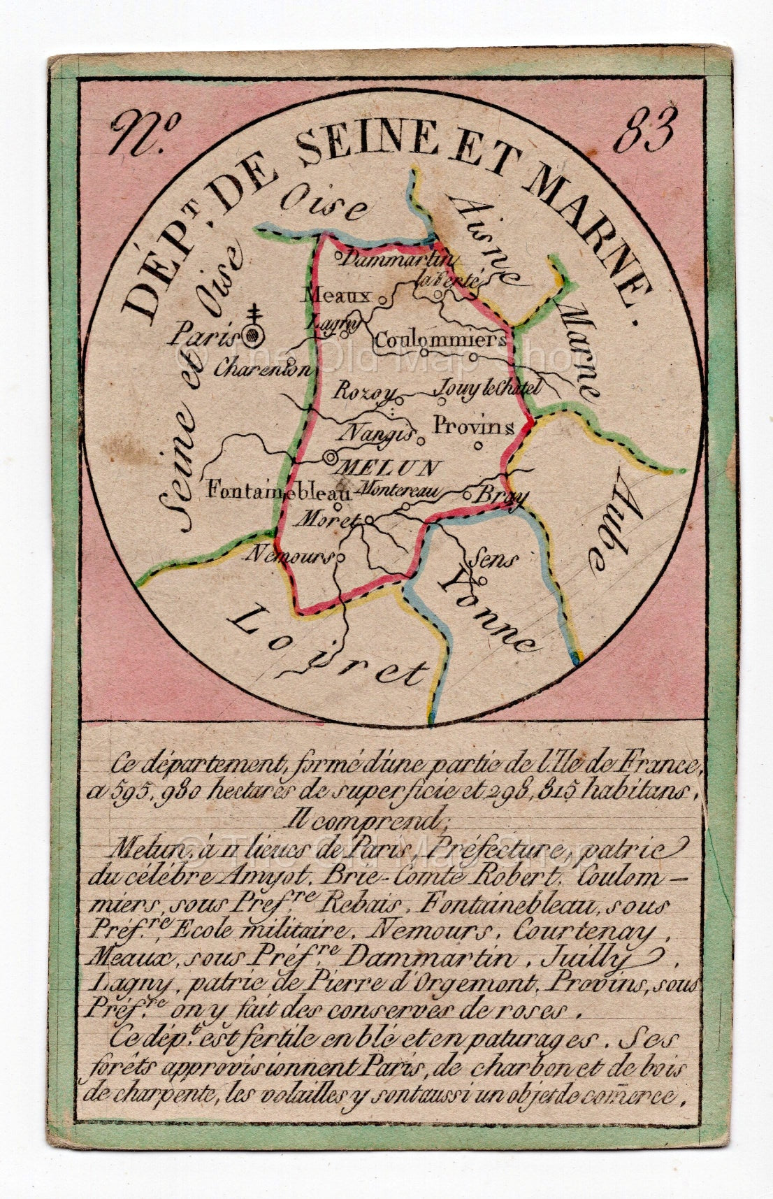 Hand-coloured c.1819 Seine-et-Marne France antique card map by Bourrut-Le Meri, rare first edition