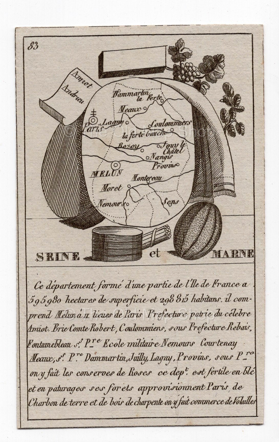 c.1836 Seine-et-Marne France antique card map by Bourrut-Le Meri, 3rd edition