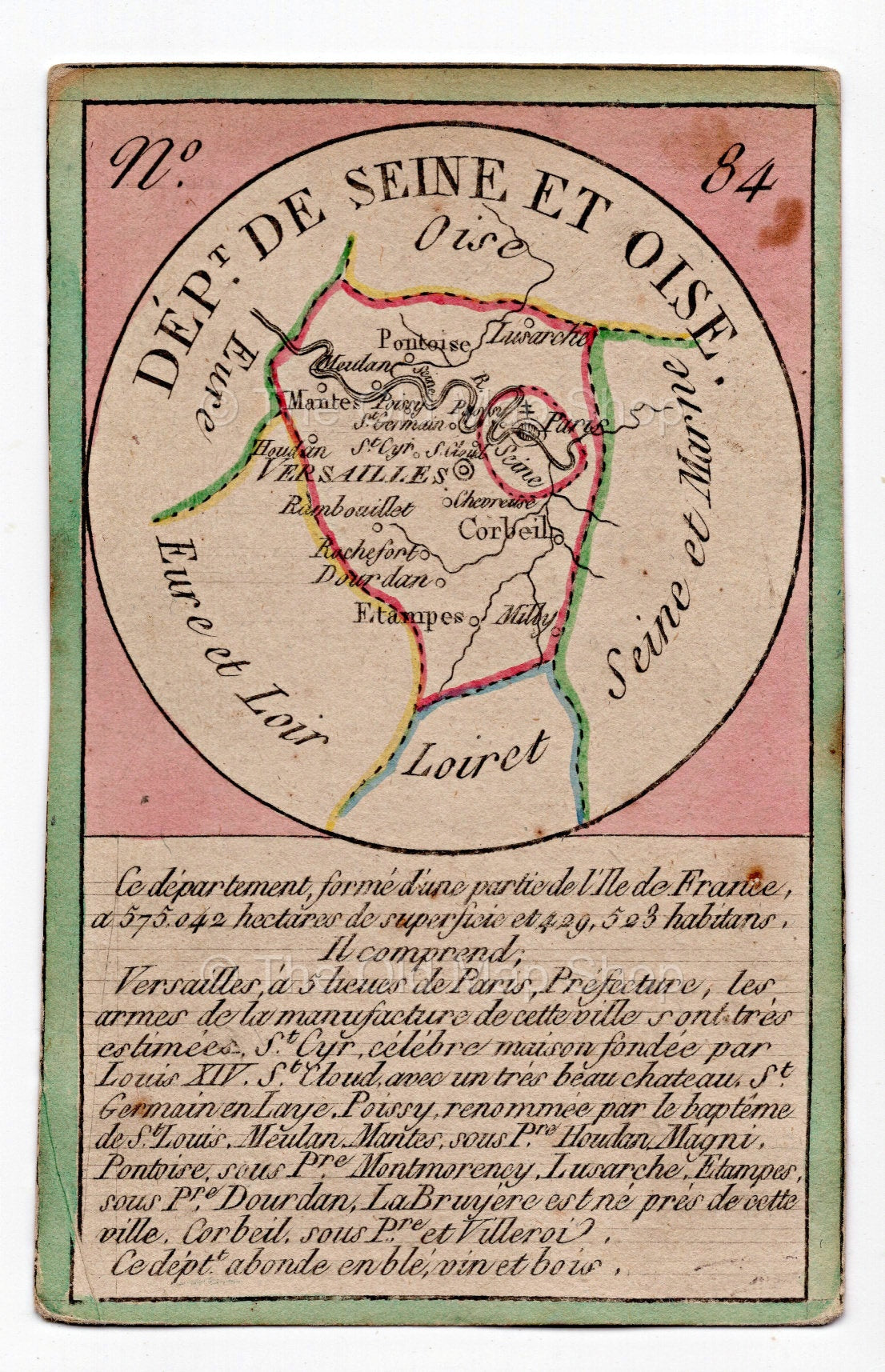 Hand-coloured c.1819 Seine-et-Oise France antique card map by Bourrut-Le Meri, rare first edition