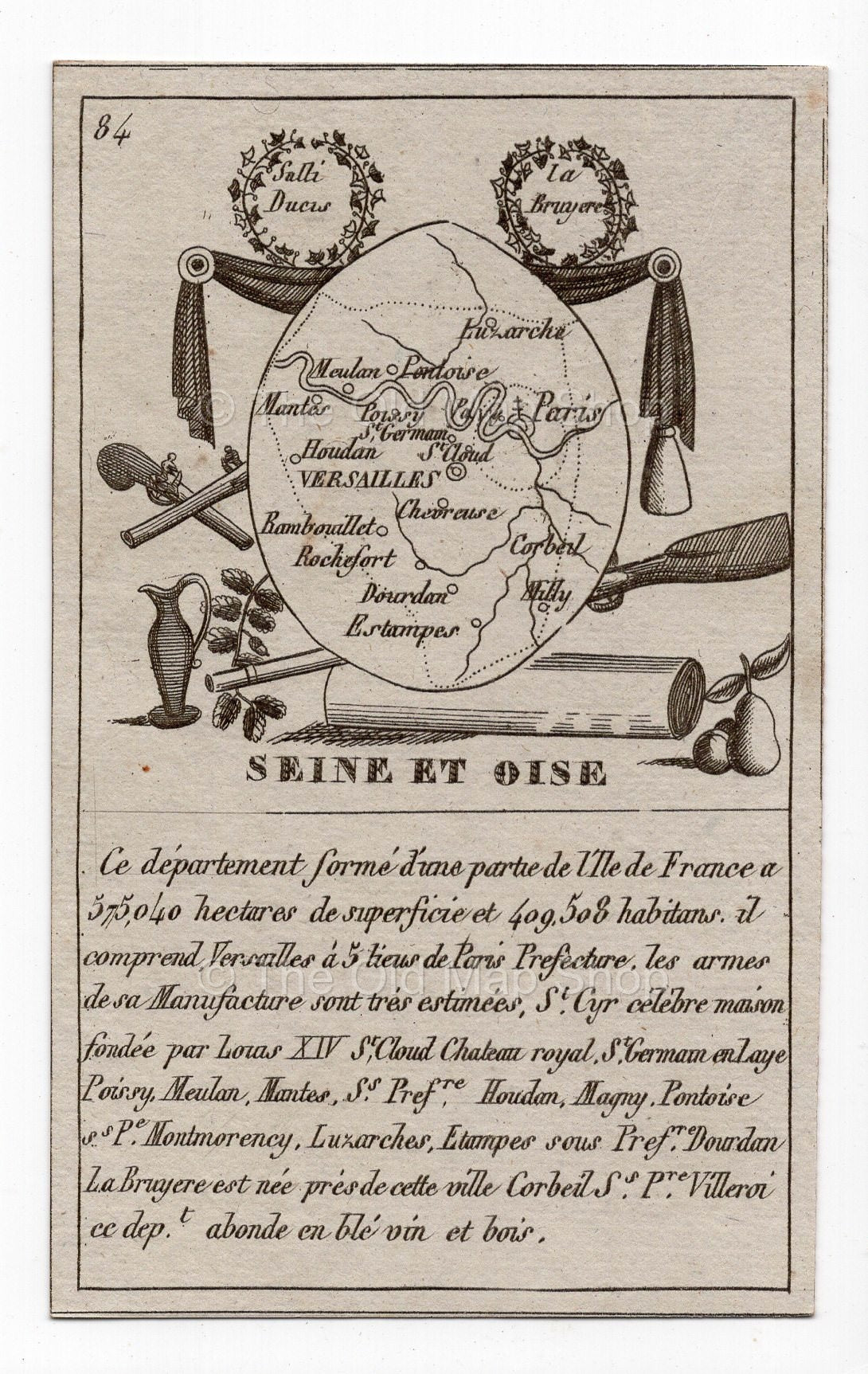 c.1836 Seine-et-Oise France antique card map by Bourrut-Le Meri, 3rd edition