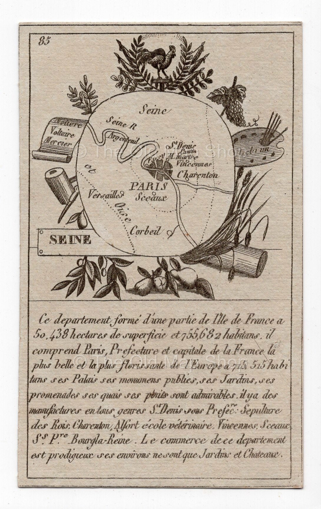 c.1836 Seine France antique card map by Bourrut-Le Meri, 3rd edition