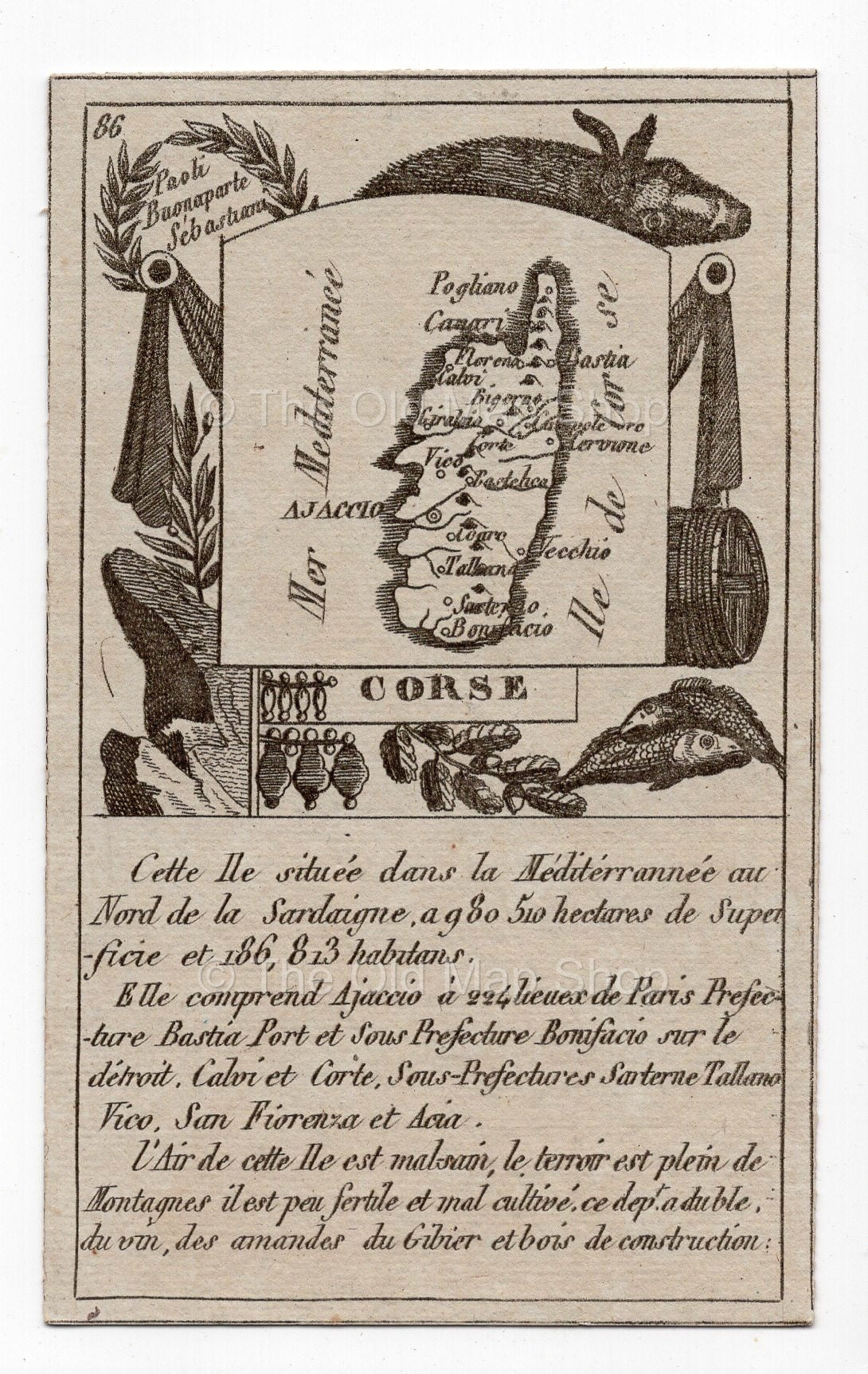c.1836 Corse France antique card map by Bourrut-Le Meri, 3rd edition