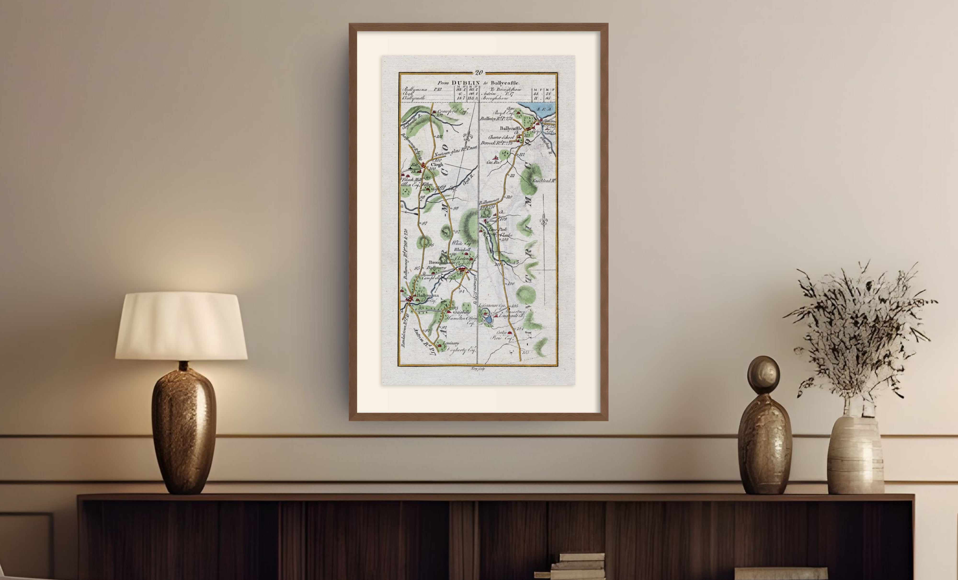 Hand-coloured 1783 Taylor & Skinner Ballymena to Ballycastle Ireland road map print