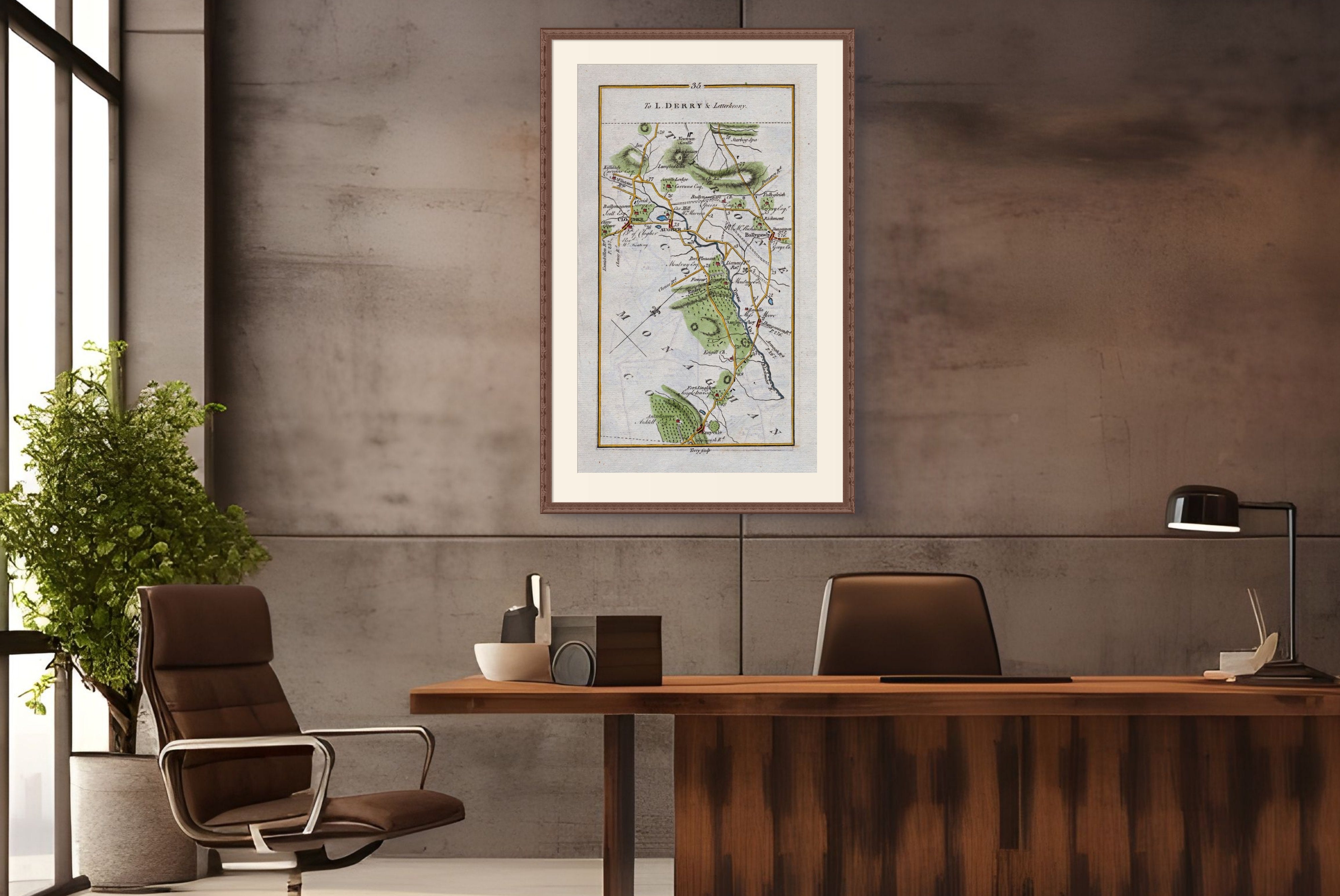 Matted 1783 Taylor & Skinner Clogher, Ballygawley and Aughnacloy, Tyrone Ireland road map displayed in an office interior.