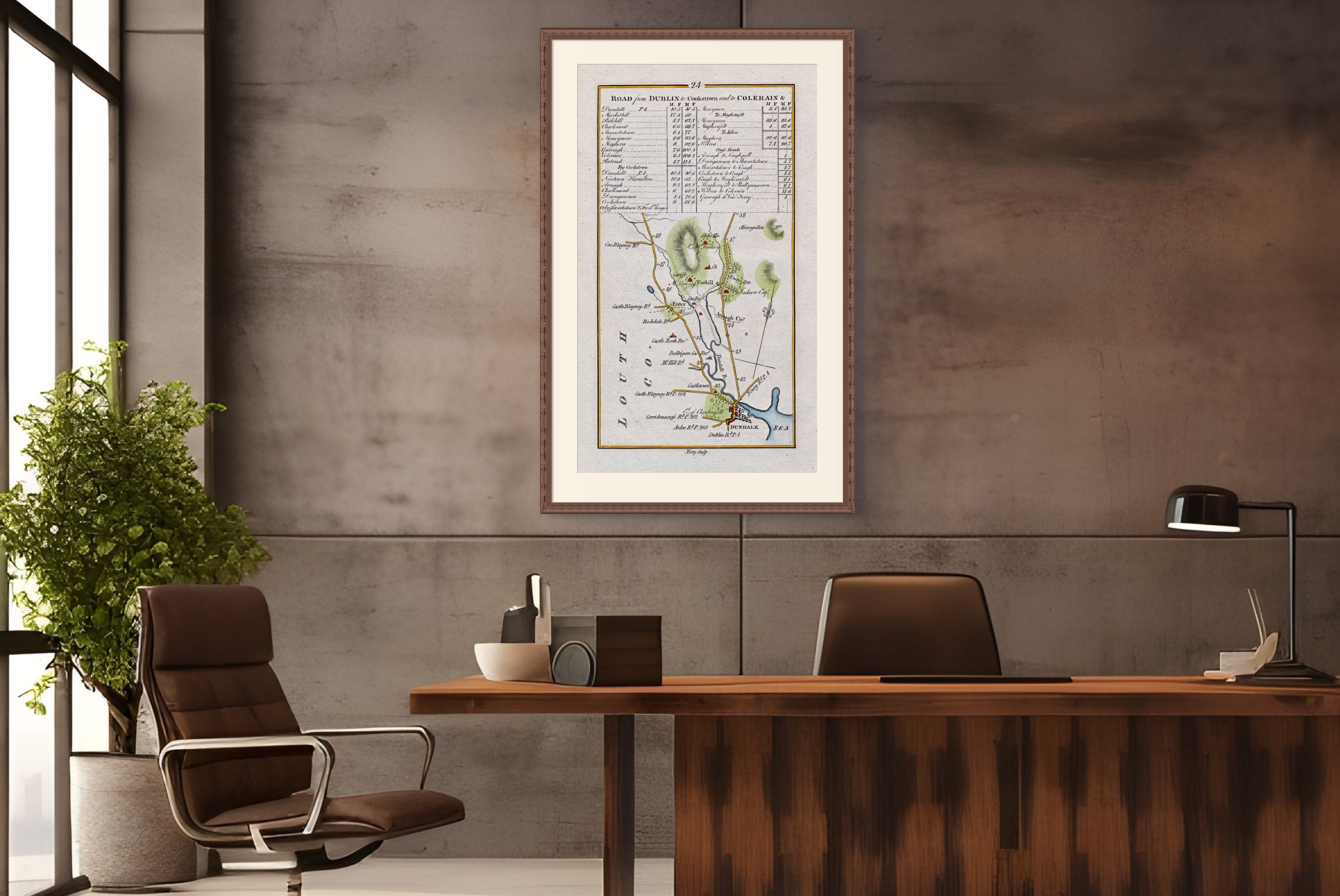 Matted 1783 Taylor & Skinner Dundalk and Forkhill Ireland road map displayed in an office interior.