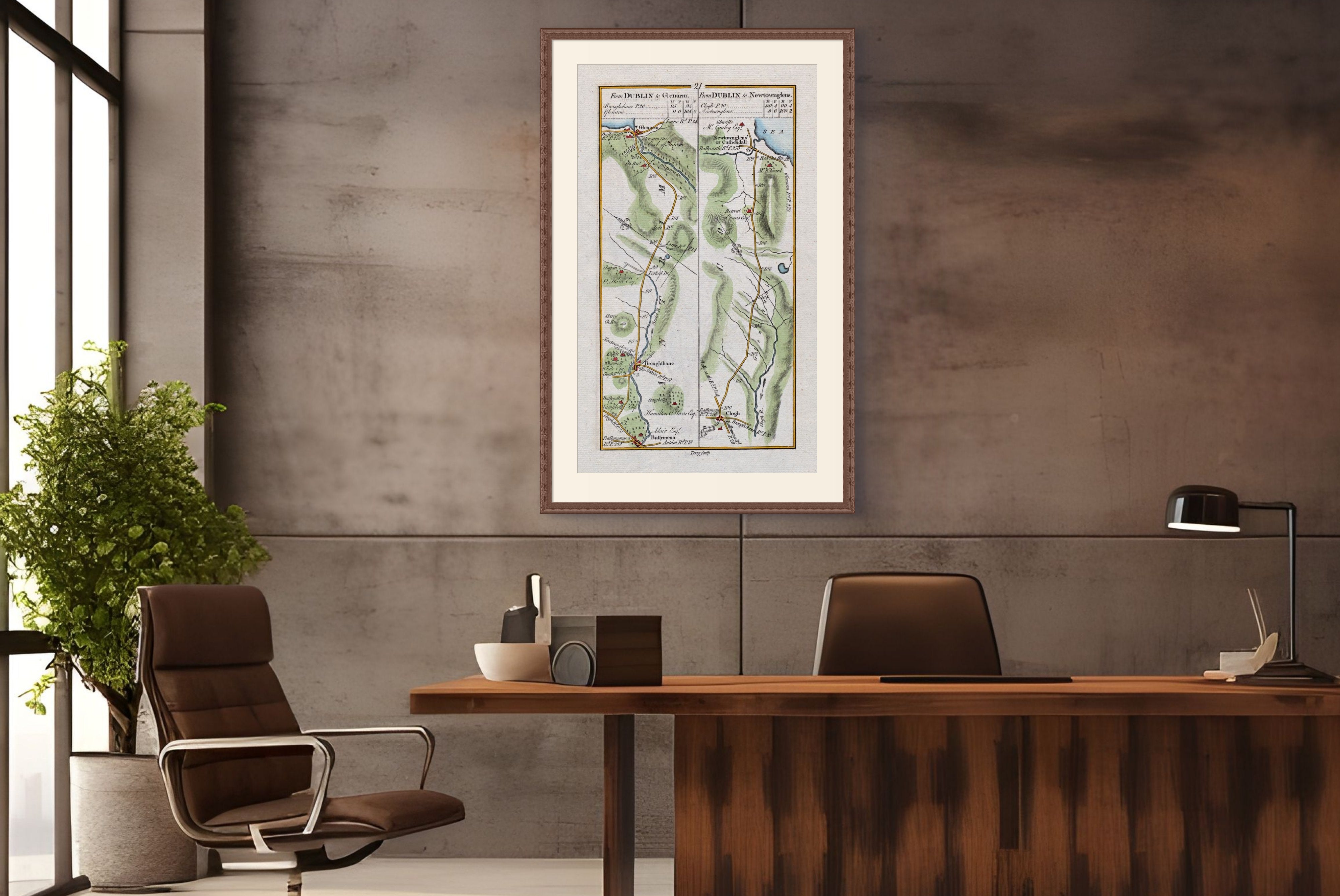 Matted 1783 Taylor & Skinner Glenarm and Cushendall Ireland road map displayed in an office interior.