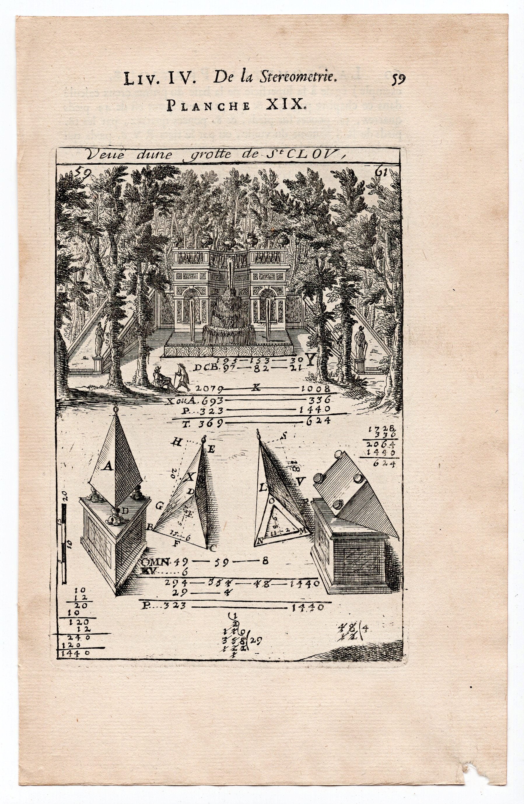 1702 Manesson Mallet, Fountain view Chateau Saint Cloud, Paris, France, Antique Print. Plate XIX